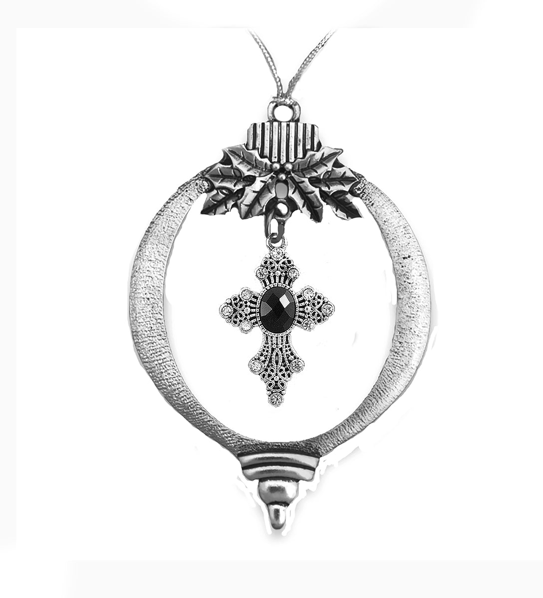 Beautiful Jet Black Genuine Austrian Cut Crystal, Surrounded By Clear Austrian Cut Crystals Silvertone Cross In A Silvertone Glittering Christmas Tree Ornament. What A Wonderful Gift For Yourself Or Someone Specia l©2024