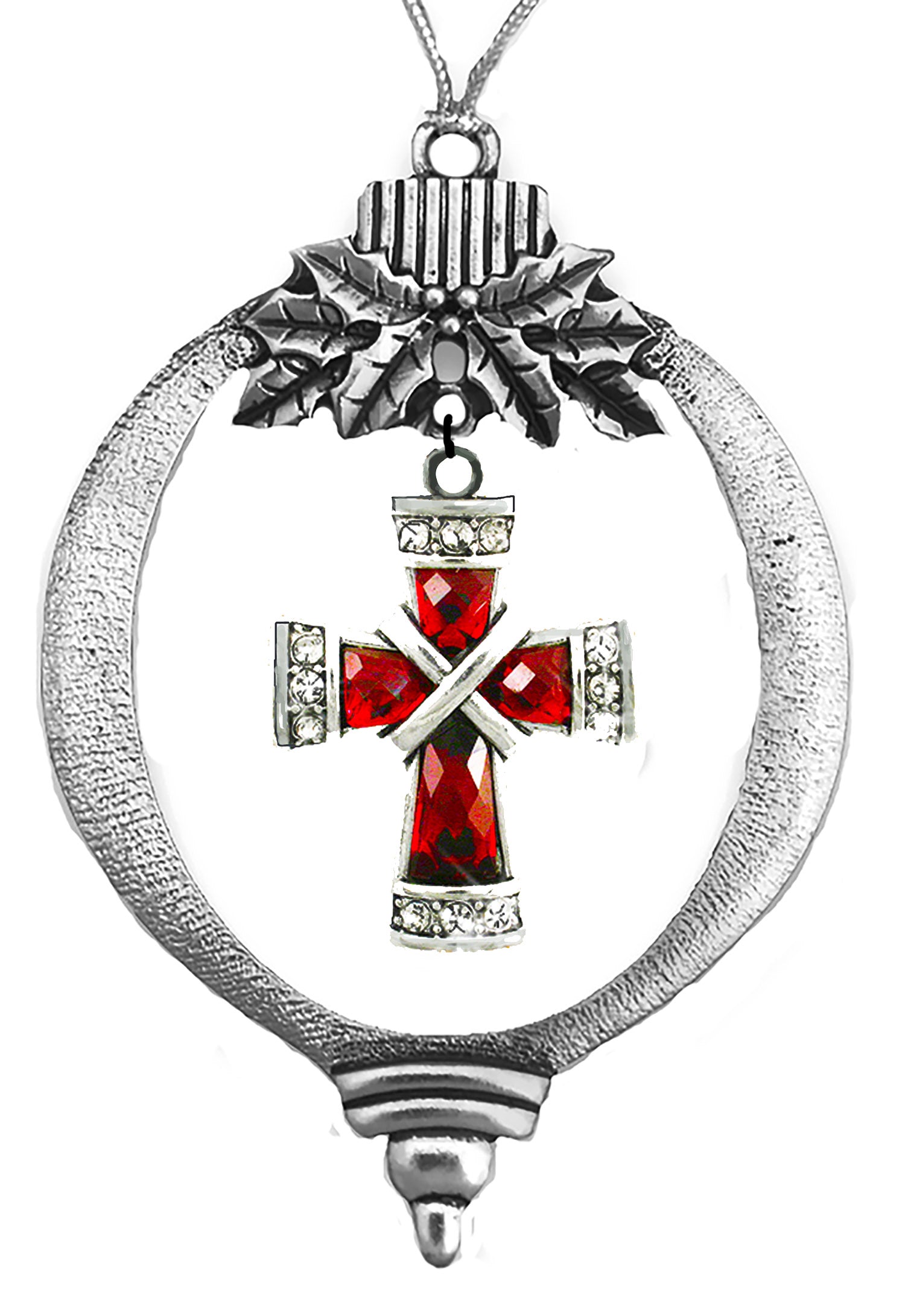 Stunning Beautiful Red Large Austrian Cut Crystals Embedded In A Silver Cross, With Clear Austrian Crystals On Each End Of The Cross, In A Silvertone Christmas Tree Ornament. What A Wonderful Gift For Yourself Or Someone Special.