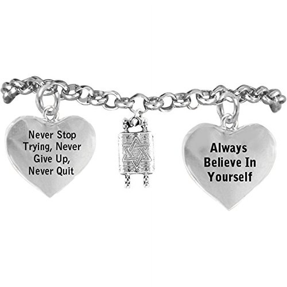 Jewish Jewelry, Charms Torah, Never Stop Trying, Never Give Up, Always Believe In Yourself On A Adjustable Silvertone Rollo Chain Bracelet. This Will Fit Anyone. Hypoallergenic-Safe, No Nickel, Lead, Or Cadmium In The Metal.