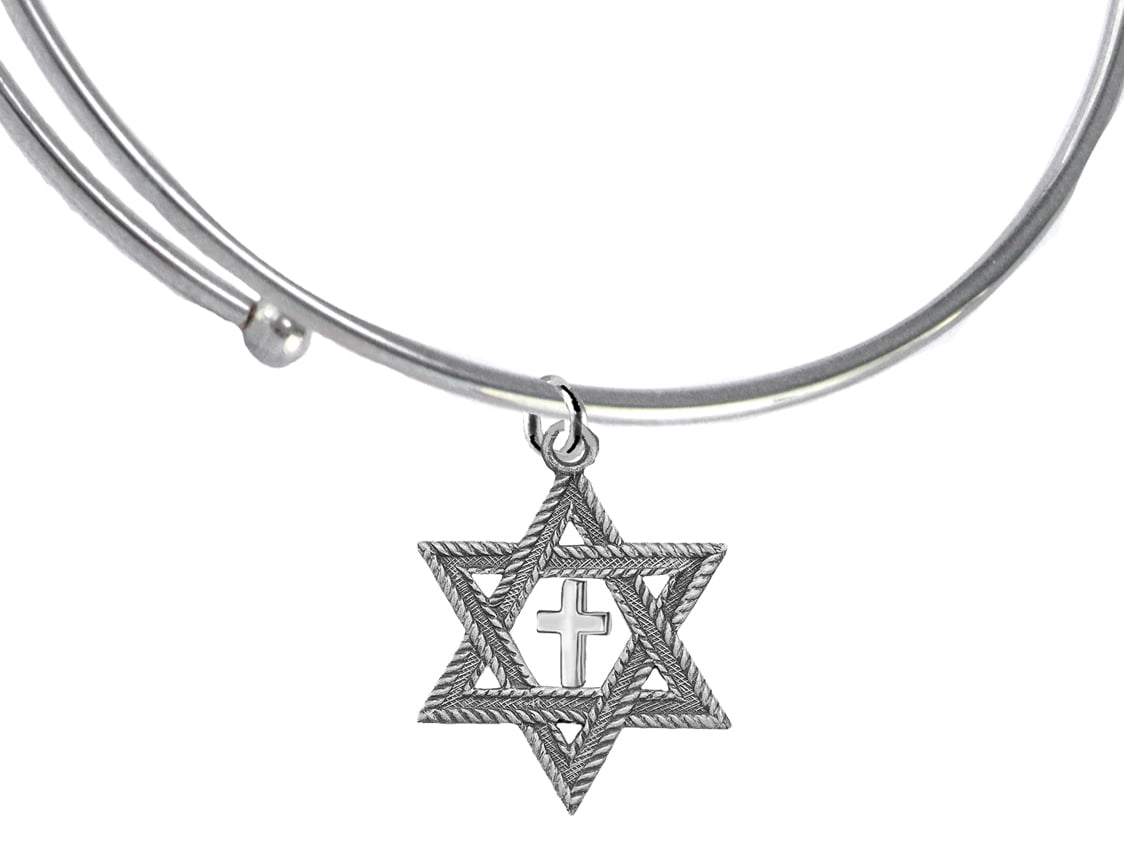 Messianic, Christian, Jewish Antique Silvertone Star Of David And Polished Cross On A Adjustable Silvertone Miracle Wire Bracelet, Will Fit Everyone, Hypoallergenic-Safe, No Nickel, Lead, or Cadmium