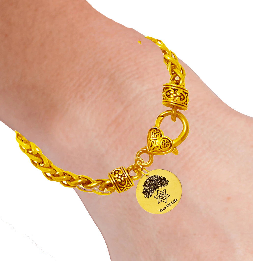 Messianic Tree Of Life 14KT Goldtone Charm On A Beautiful 14KT Goldtone Antique Wheat Chain Bracelet. What A Great Gift For Yourself Or Someone Special! Hypoallergenic-Safe, No Nickel, Lead, Or Cadmium In The Metal. Made In The USA By Veterans