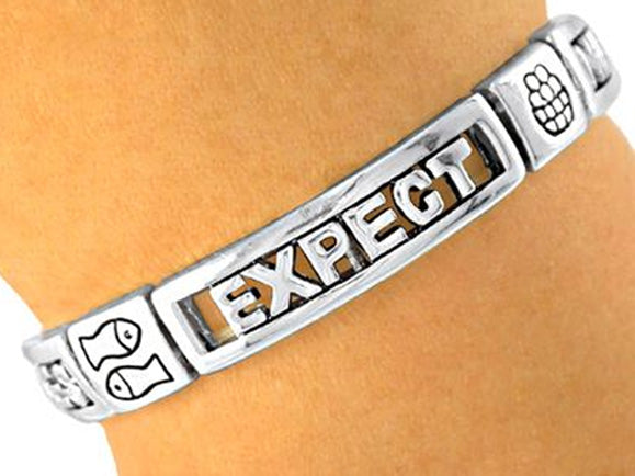 Expect Miracles Stretch Bracelet, Loaves Of Bread, 2 Fish, Silvertone Finish. What A Wonderful Gift For Yourself,Or Someone Special.This Has Been In The Top 10 For Over 20 Years.Used As A Gift To Someone Who Is Lost Hope,Sick,Has Cancer,Lost A Loved One