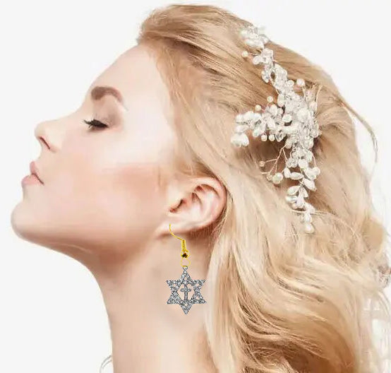 Messianic Christian Glittering Crystal Star Of David And Silvertone Cross On Silvertone Earring. What A Wonderful Gift For Yourself Or Someone Special. The Most Outstanding Piece Of Jewelry In Our Over 500 Style Collection. Hypoallergenic,No Nickel
