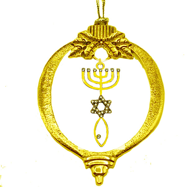 Messianic, Yeshua Christmas 14KT Goldtone Ornament With A 14 KT Goldtone Seal Of Jerusalem Covered With Genuine Austrian Crystal, The Menorah,Star Of David, Icthys Fish, With Tree Attachment For Hanging.What A Great Gift For Yourself Or Someone Special!