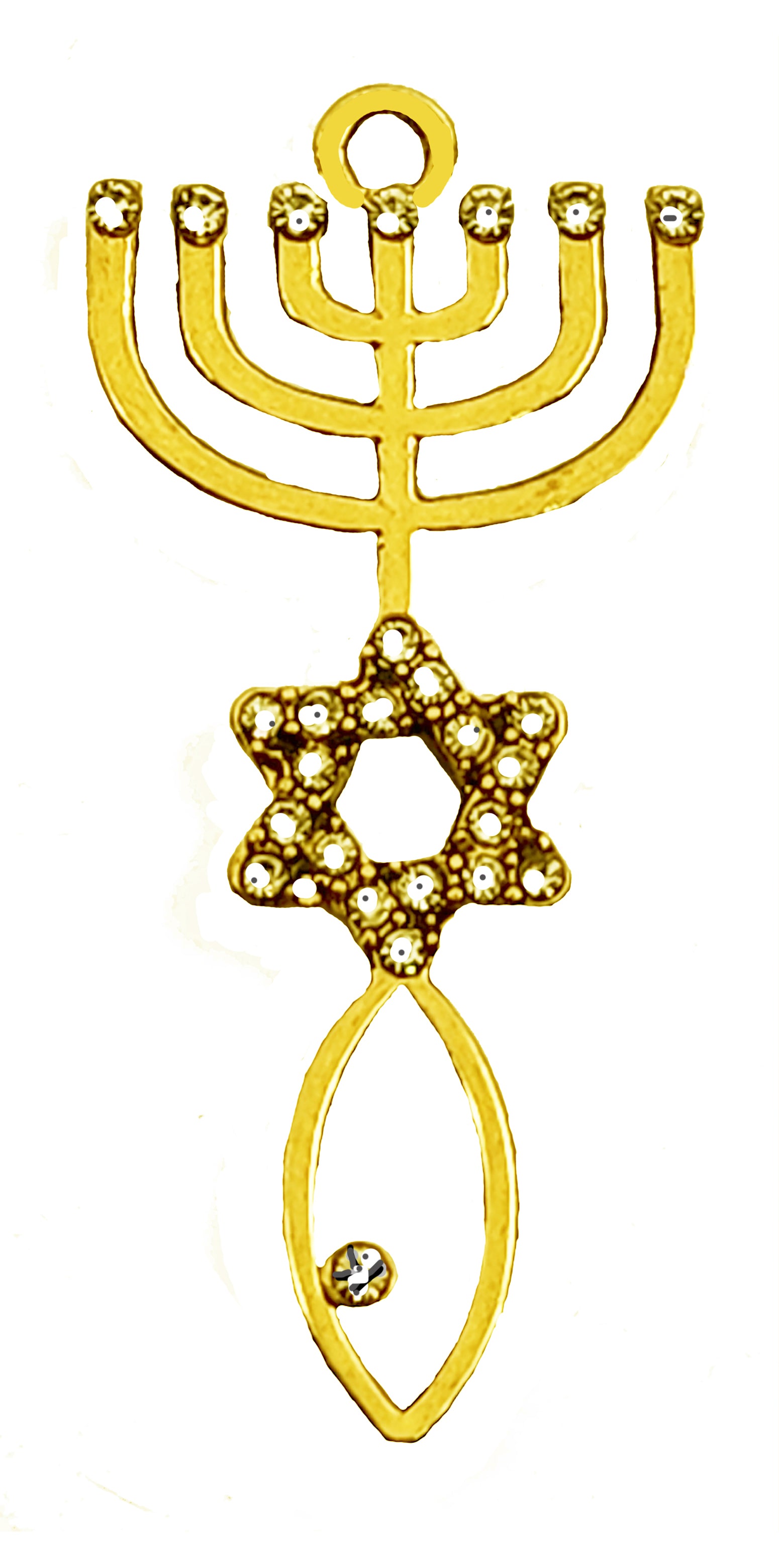 Messianic 14KT Goldtone, Seal Of Jerusalem Charm With Genujne Austrian Crystal Star Of David, Menorah, And. A Christian Fish The Ichthys,Is A Symbol Used By Early Christians To Represent Jesus Christ And Their Faith.