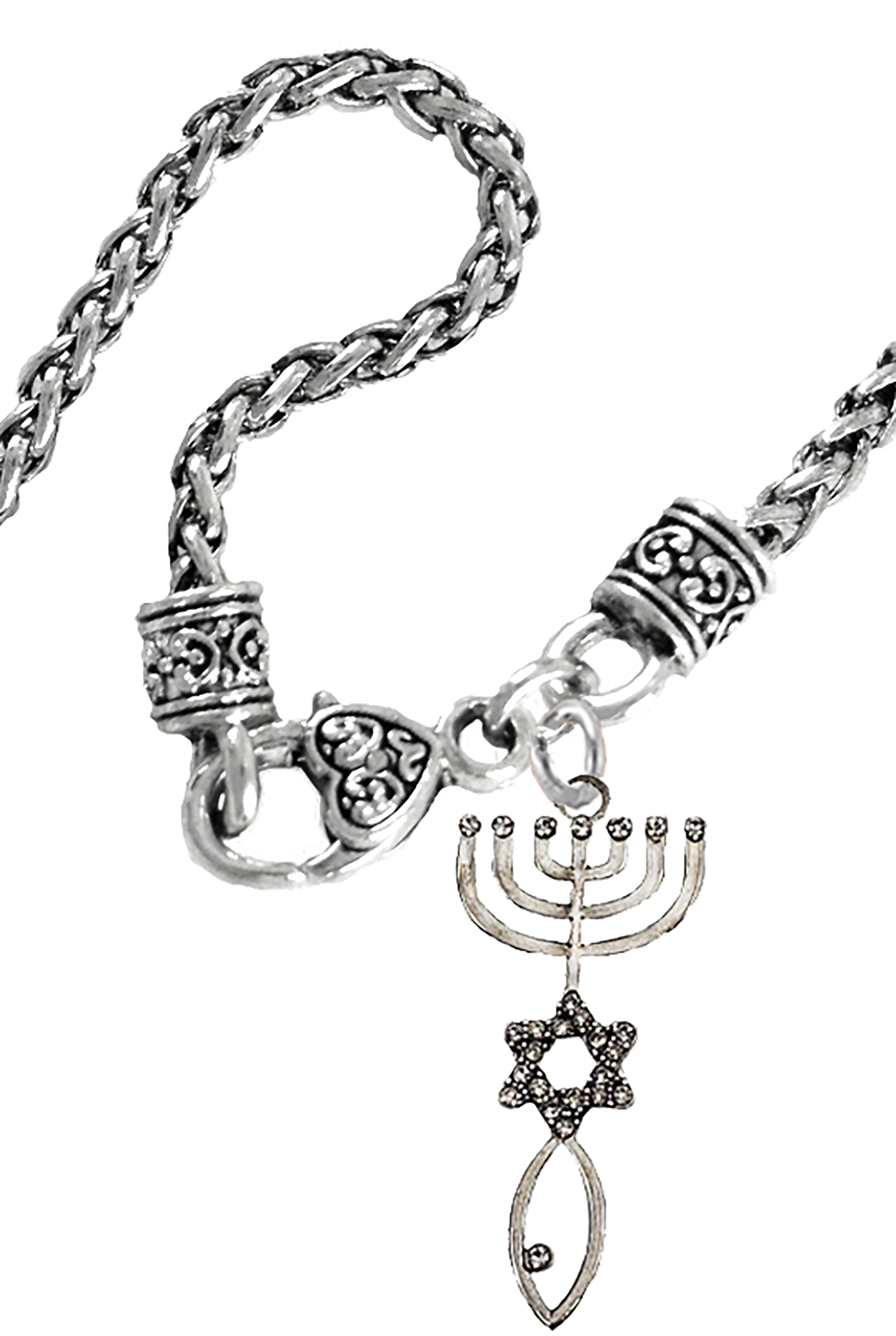 Messianic, Yeshua, Christian Silvertone Antique Wheat Chain Necklace, Silvertone Austrian Cut Crystal Seal Of Jerusalem. Small Charm 1 3/8ths Inches High. No Nickel, Lead, Or Cadmium In The Metal. Great Gift For Friends Or Family ©2024