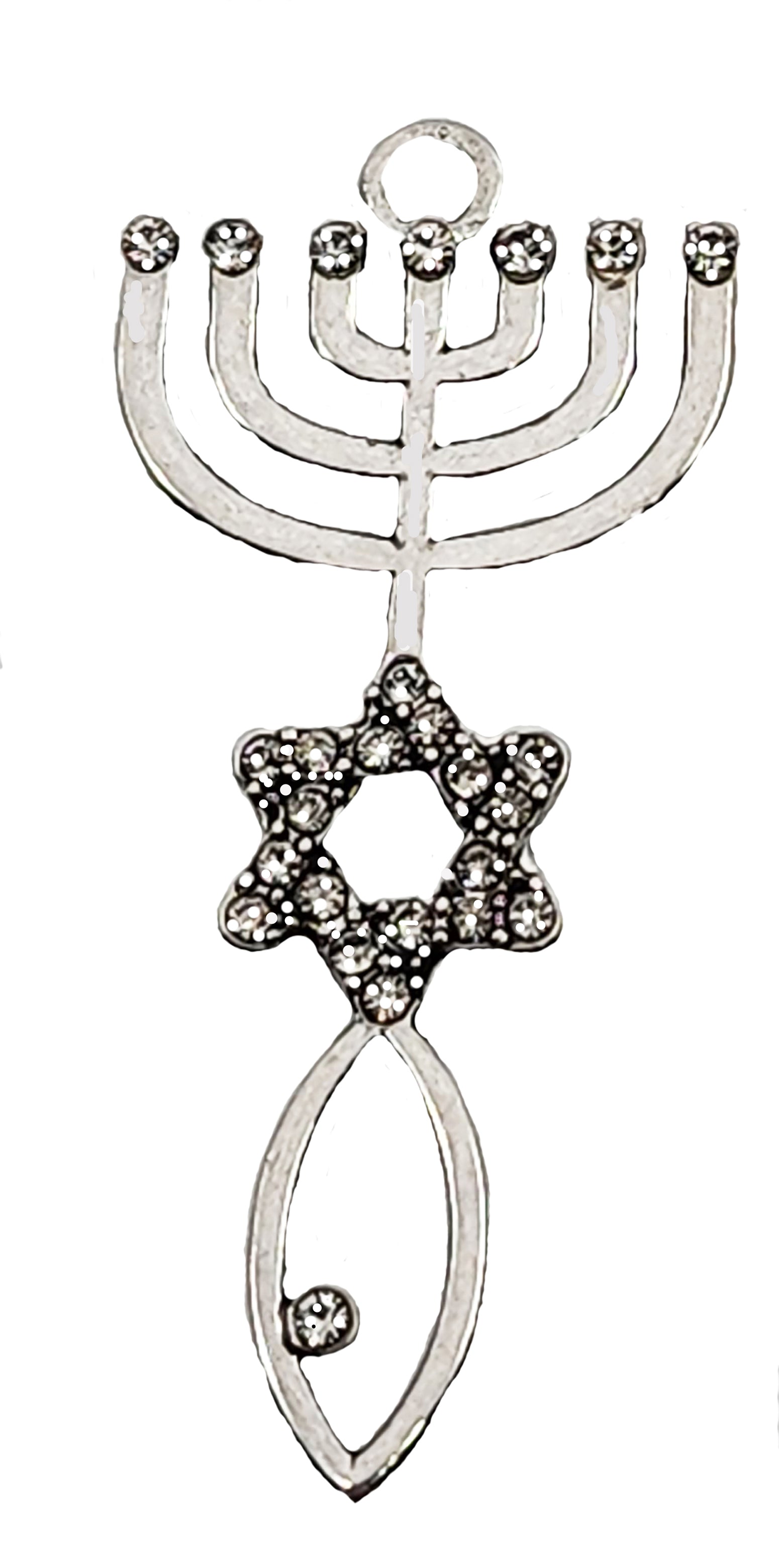 Messianic Silverrtone, Seal Of Jerusalem Charm With Genujne Austrian Crystal Star Of David, Menorah, And. A Christian Fish The Ichthys,Is A Symbol Used By Early Christians To Represent Jesus Christ And Their Faith.