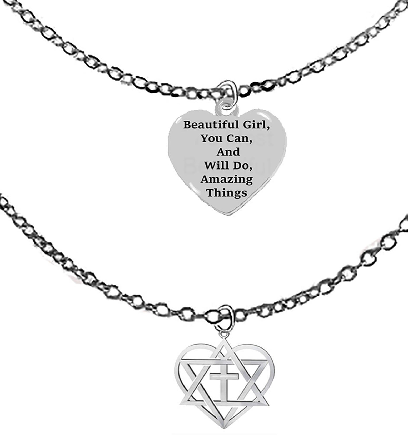 I Love You, Fingers In The Shape Of A Heart,Side One, Beautiful Girl, You Can And Will Do Amazing Things, Side Two On A Adjustable Silvertone Double Cable Chain Necklace, Gift Ready Comes In A Small Black Velvet Bag. Handmade In The USA By Veterans