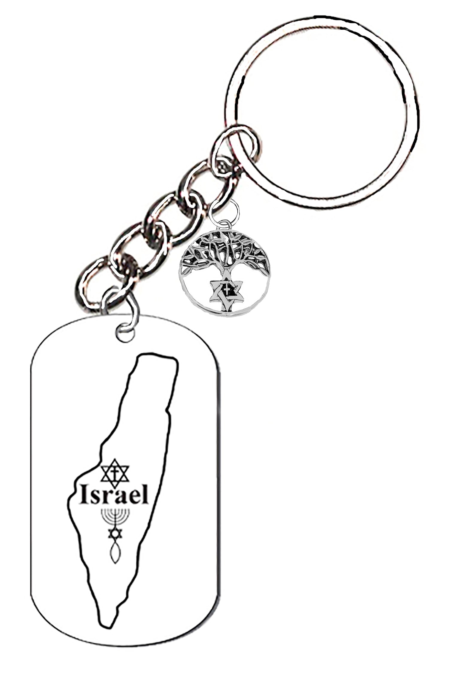 Messianic Keychain, Israel With Messianic Star and Seal Of Jerusalem Key Chain, And Messianic Tree Of Life Charm .What A Great Gift, For A Women Or Man, No Worry About What Size They Wear? Hypoallergenic, No Nickel, Lead, Or Cadmium In The Metal.