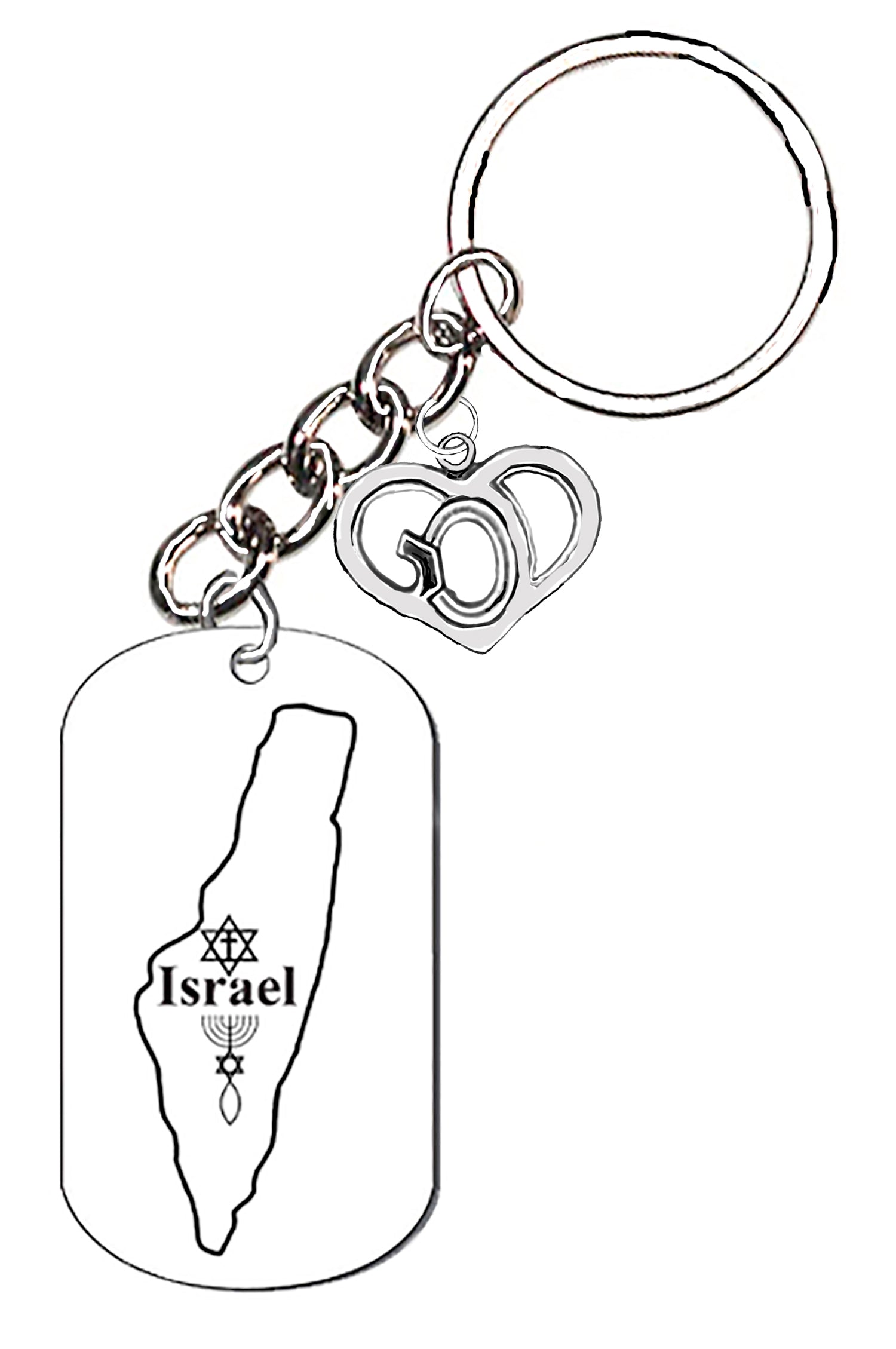 Messianic Keychain, Israel With Messianic Star and Seal Of Jerusalem Key Chain, And Silvertone GOD In A Heart.What A Great Gift, For A Women Or Man, No Worry About What Size They Wear? Hypoallergenic, No Nickel, Lead, Or Cadmium In The Metal.©2024