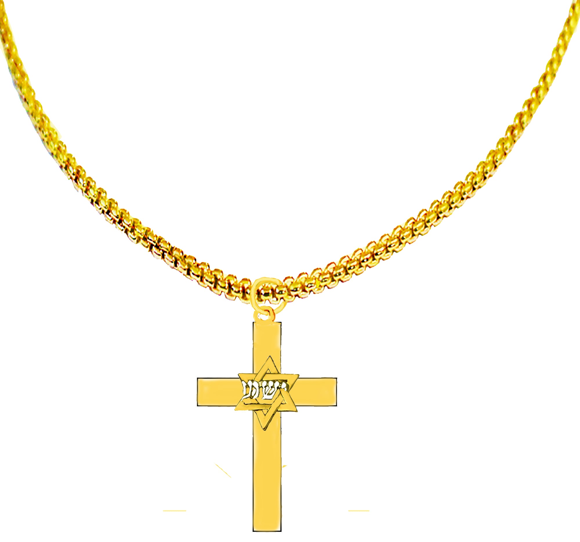 Messianic 14KT Goldtone Cross With A Star Of David And A Silvertone Yeshua In Hebrew,Adjustable Woven Box Chain Necklace.18 To 21 Inches.The Cross Is Only 1 1/4ths Inch High,Looks Large In The Pictures.What A Wonderful Gift,For Yourself Or Someone Special
