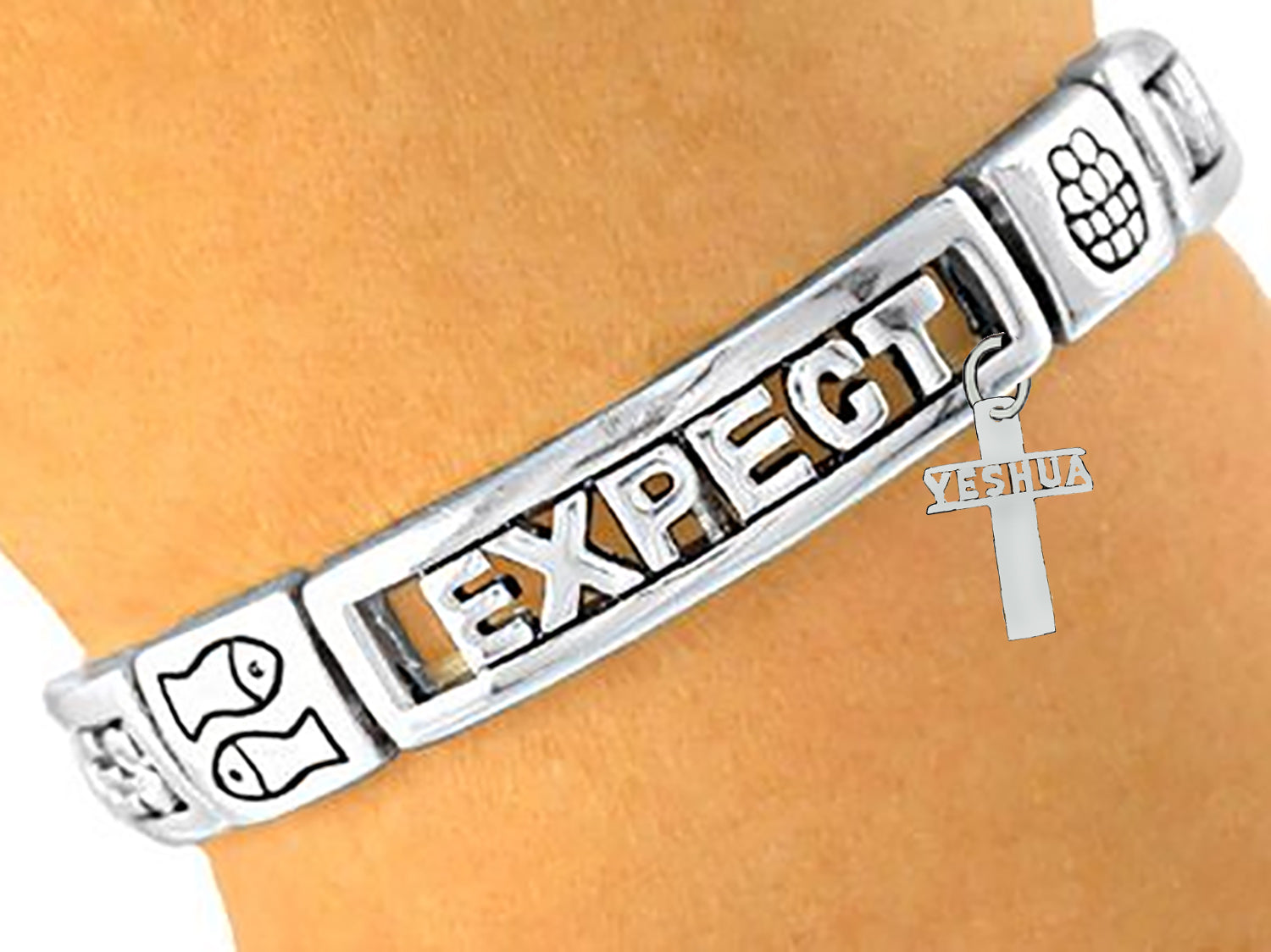 Messianic Open Yeshua Cross, Expect Miracles Stretch Bracelet, Loaves Of Bread, Fish , Silvertone. A Wonderful Gift For Yourself, Or Someone Special.This Is Used As A Gift To Someone Who Is Sick,Has Cancer,Lost A Loved One.And For Many Other Reasons
