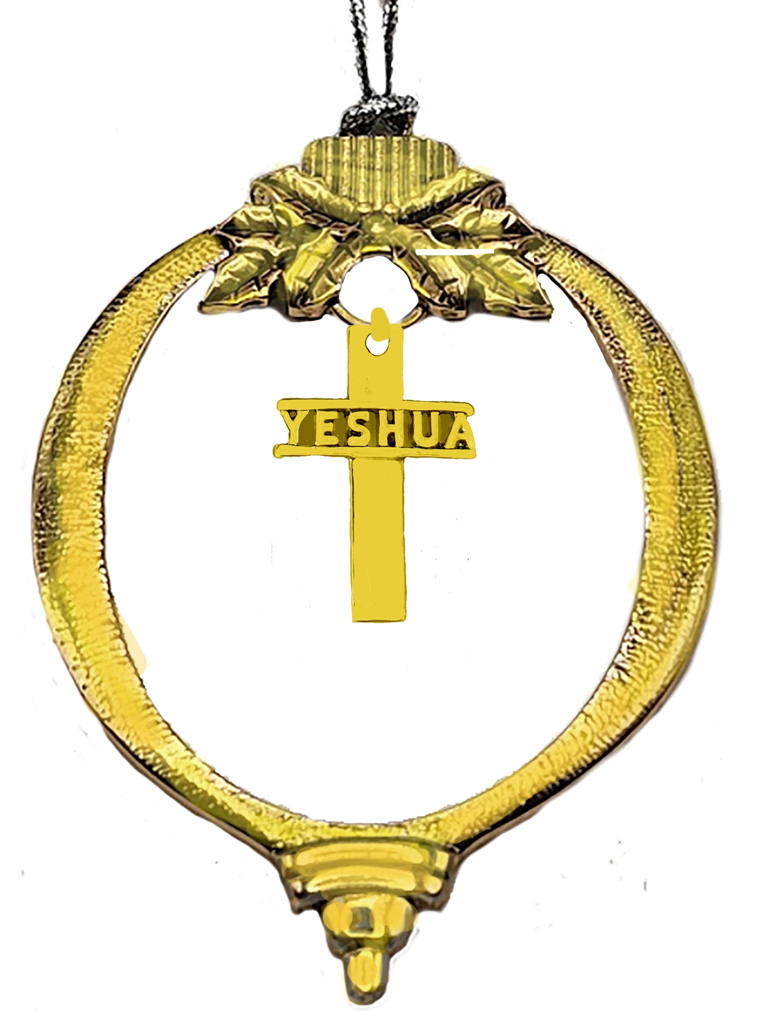 Messianic Open Yeshua 14KT Goldtone Cross Ornament. Unique You Can See Through The Letters Of Jesus's Name In Hebrew. Very Dramatic With The Green Christmas Tree Leaves And Light Behind It. A Very Difficult Charm To Make, What A Wonderful gift