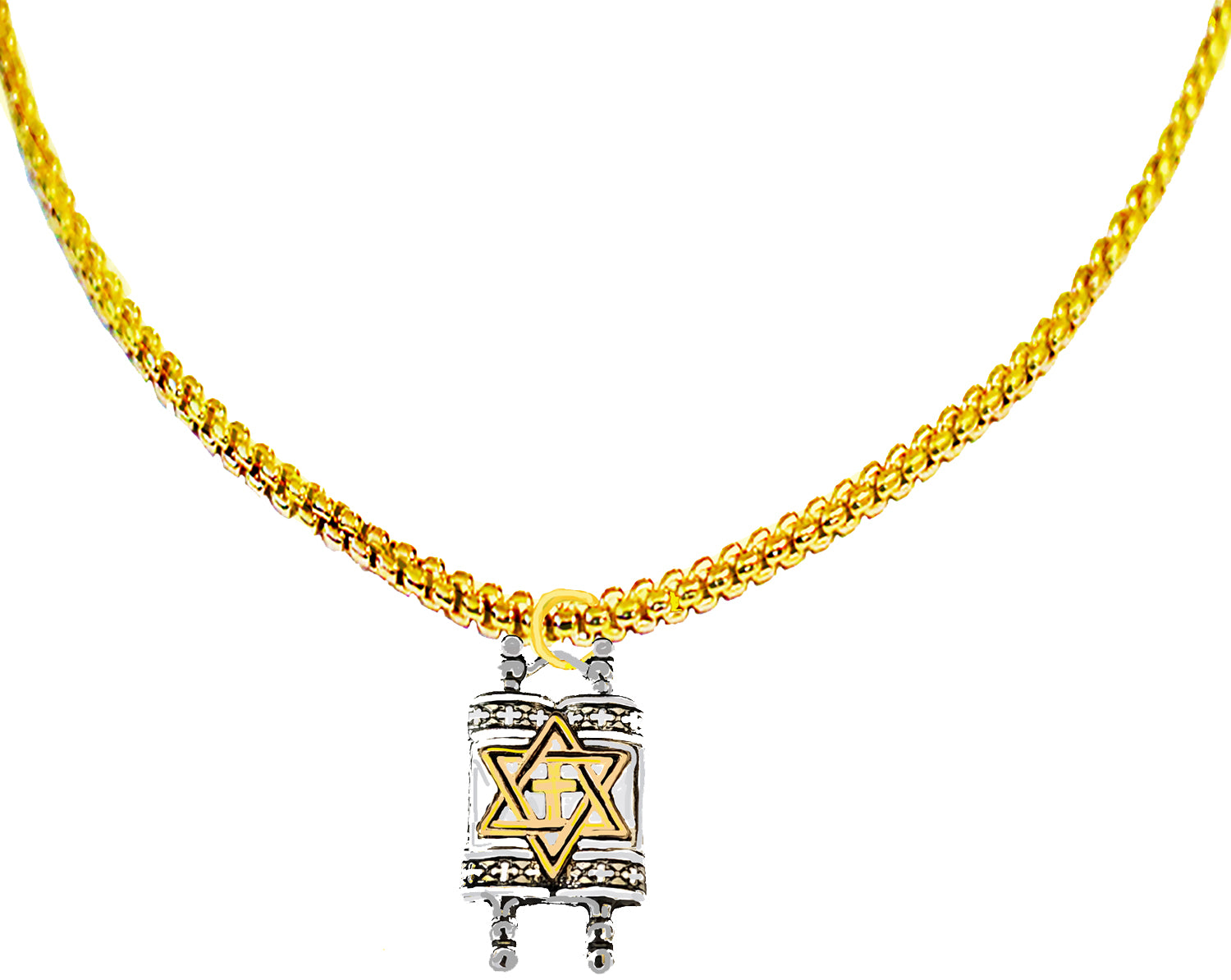 Messianic Holy Torah (Old Testament Scroll) Silvertone, Reversed ( Goldtone Chain Instead Of Silvertone).14KT Goldtone Star Of David And Cross On A Adjustable Woven Box Chain 18 To 21 Inches. What A Wonderful Gift For Yourself, Or Someone Special
