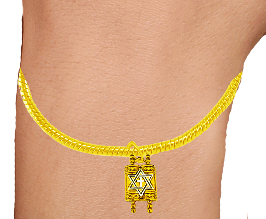 Messianic Holy Torah (Old Testament Scroll), 14KT Goldtone Torah, Silvertone Star Of David And Cross On A Beautiful, Adjustable, 14KT Goldtone Snake Chain Bracelet. Charm Is 3/4ths Of A Inch. What A Wonderful Gift For Yourself, Or Someone Special