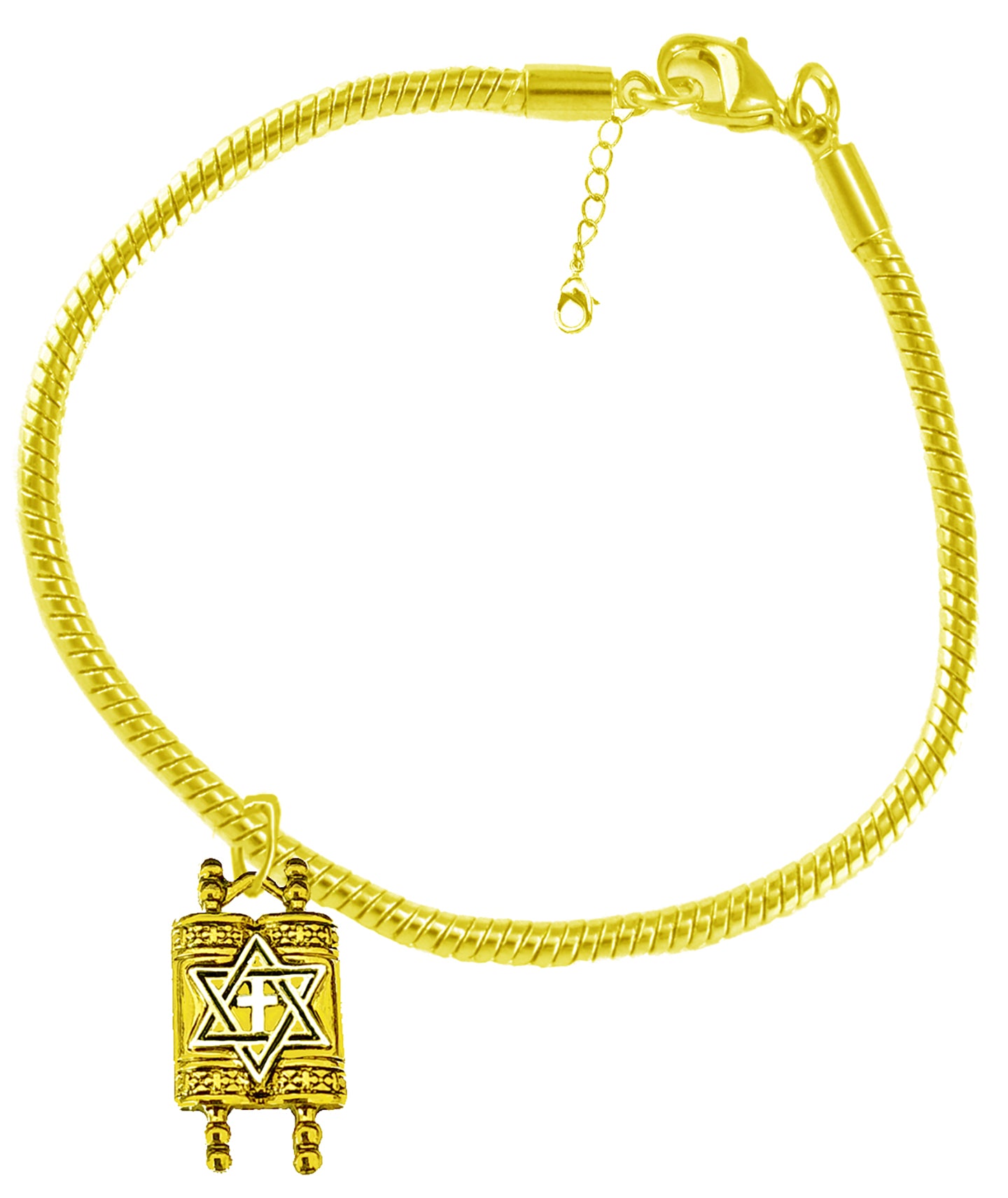 Messianic Holy Torah (Old Testament Scroll), 14KT Goldtone Torah, Silvertone Star Of David And Cross On A Beautiful, Adjustable, 14KT Goldtone Snake Chain Bracelet. Charm Is 3/4ths Of A Inch. What A Wonderful Gift For Yourself, Or Someone Special