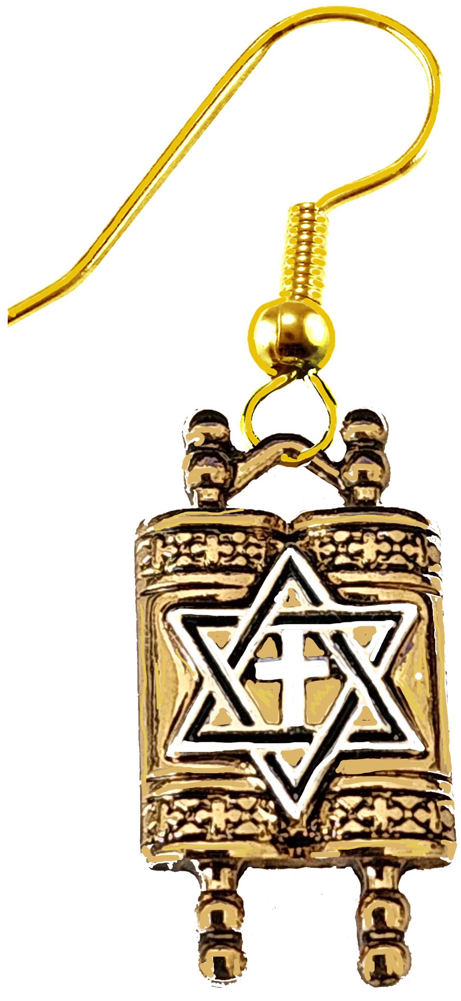 Messianic Holy Torah (Old Testament On A Scroll) 14KT Goldtone, Silvertone Star Of David On A Fishhook Earring Wire. Charm Is 3/4ths Of A Inch. What A Wonderful Gift For Yourself,Or Someone Special. 