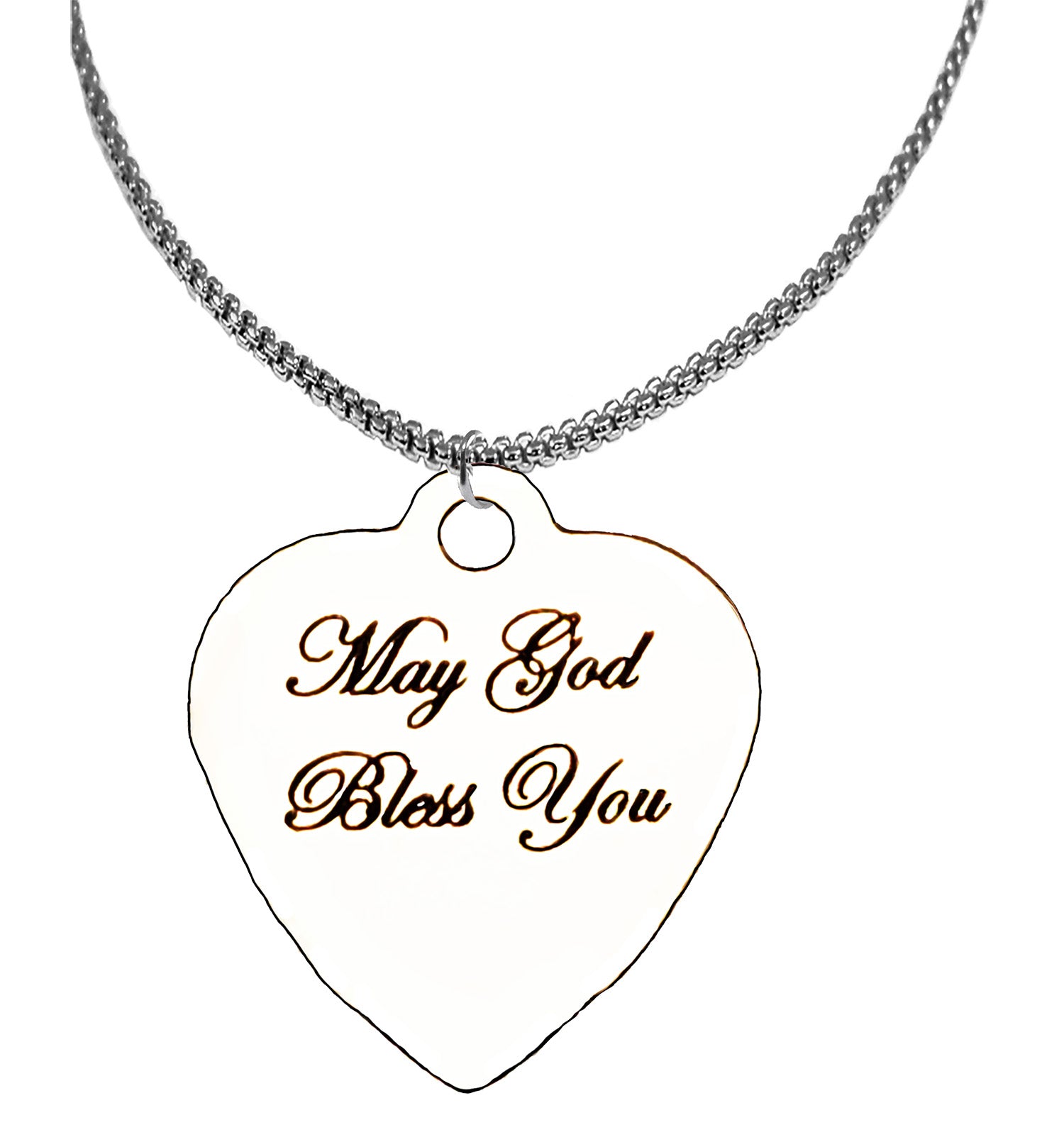 May GOD Bless You, Silvertone Engraved Heart Charm On A Silvertone Adjustable Box Chain Necklace. 18 To 21 Inches. What A Wonderful Gift, For Yourself Or Someone Special. Hypoallergenic-Safe, No Nickel, Lead, Or Cadmium In The Metal.