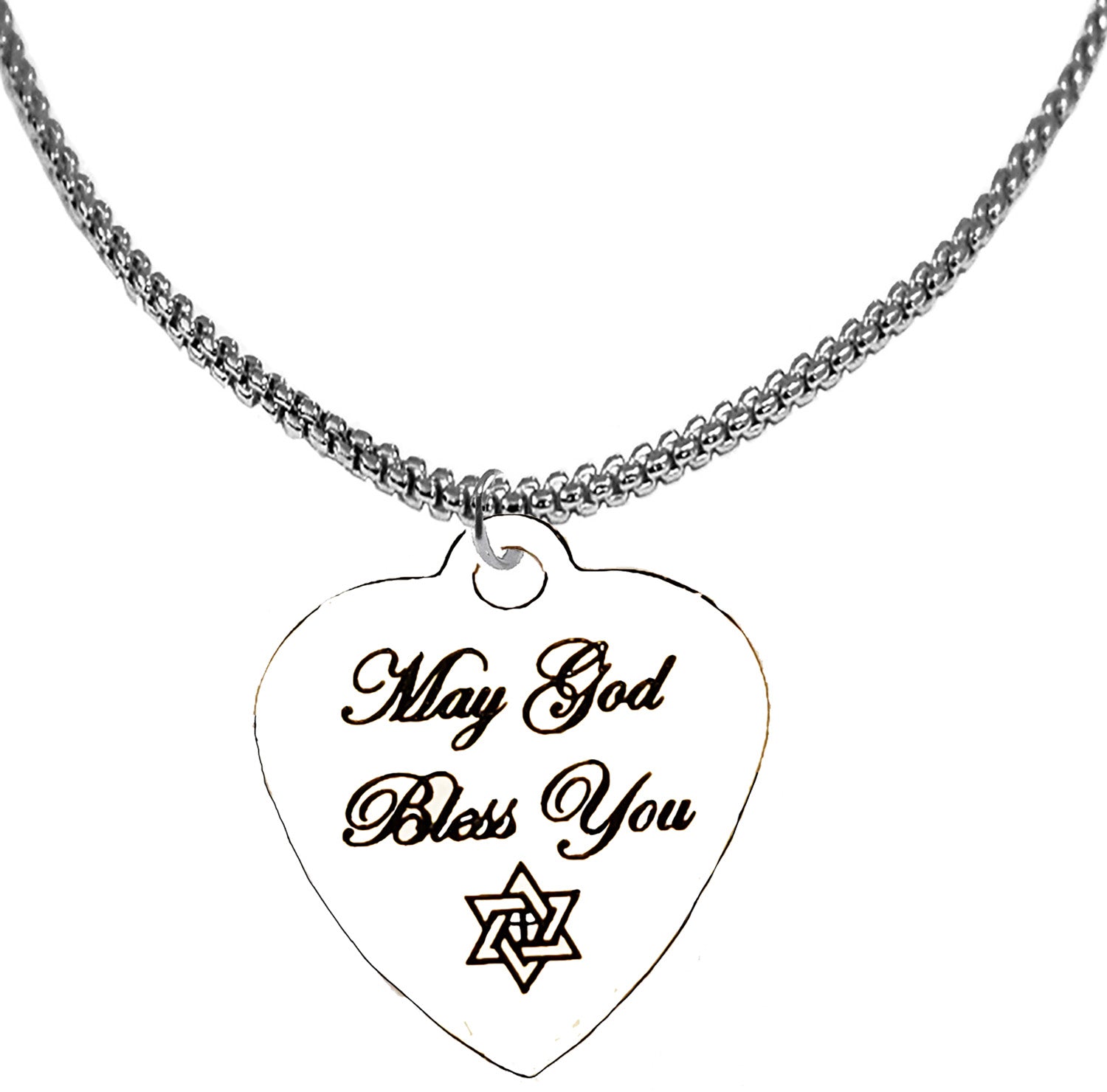 Messianic, May GOD Bless You, Star Of David With A Cross In The Center, Silvertone Engraved Heart Charm On A Silvertone Adjustable Box Chain Necklace. 18 To 21 Inches. What A Wonderful Gift, For Yourself Or Someone Special. Hypoallergenic-Safe