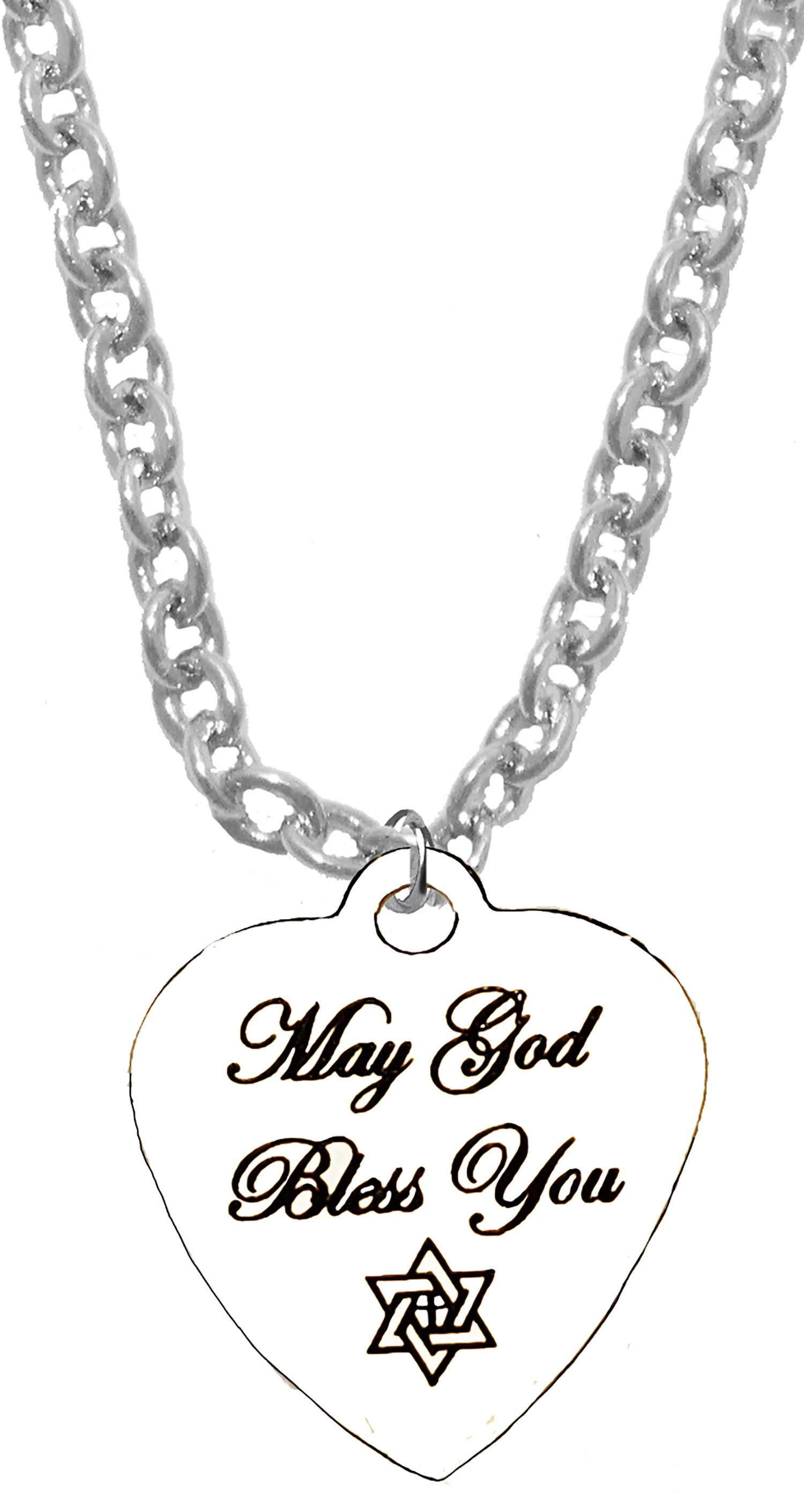 Children's, Messianic May GOD Bless You, With Star Of David With A Cross In The Center. Silvertone Engraved Heart Charm On A Silvertone Adjustable Cable Chain Necklace. 12 To 15 Inches. What A Wonderful Gift, For Yourself Or Someone Special.