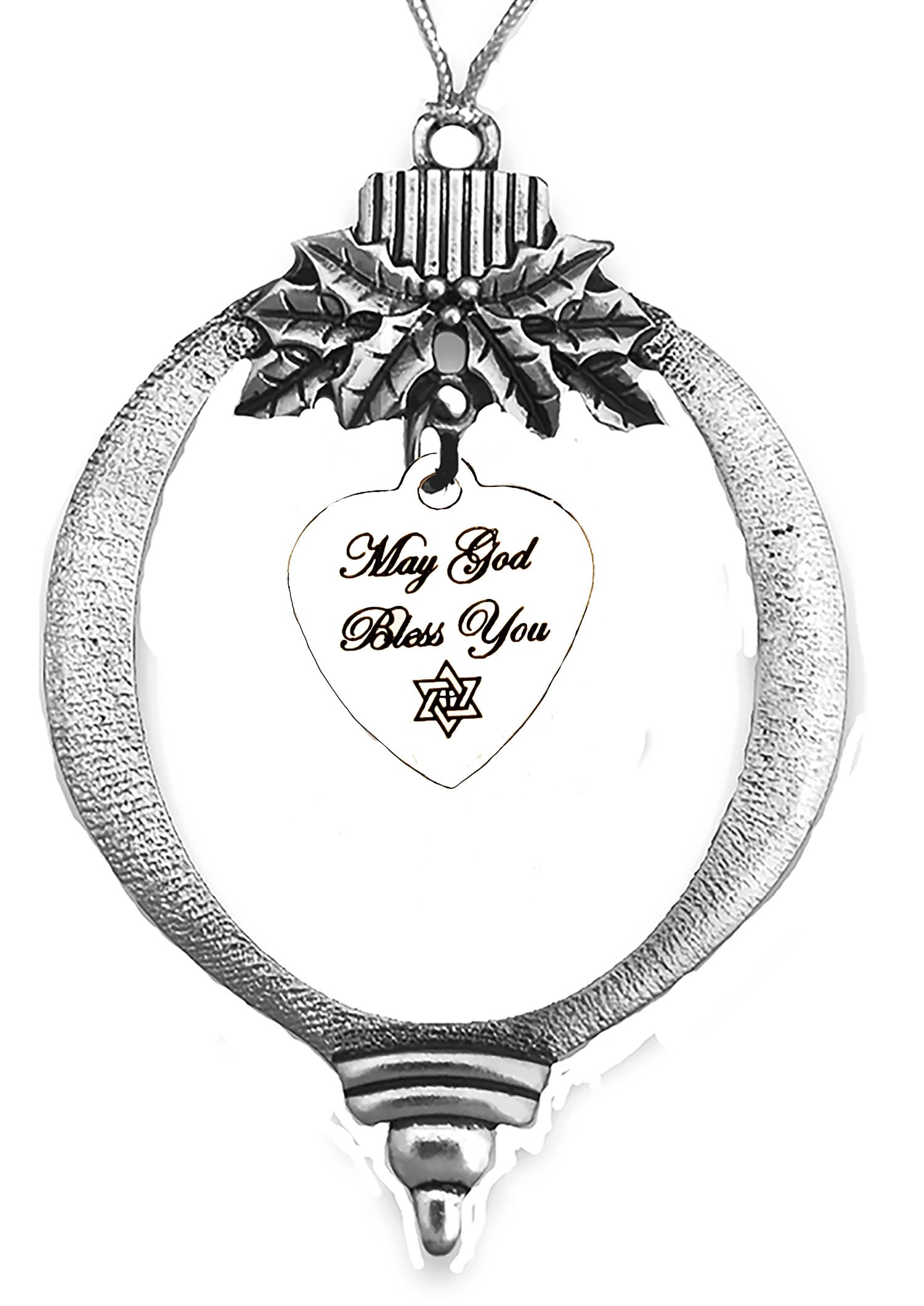 Messianic, May GOD Bless You, Silvertone Engraved Heart Charm, With A Star Of David With A Cross In The Center. On A Silvertone Christmas Tree Ornament. With Tree Attachment For Hanging. What A Wonderful Gift, For Yourself Or Someone Special.