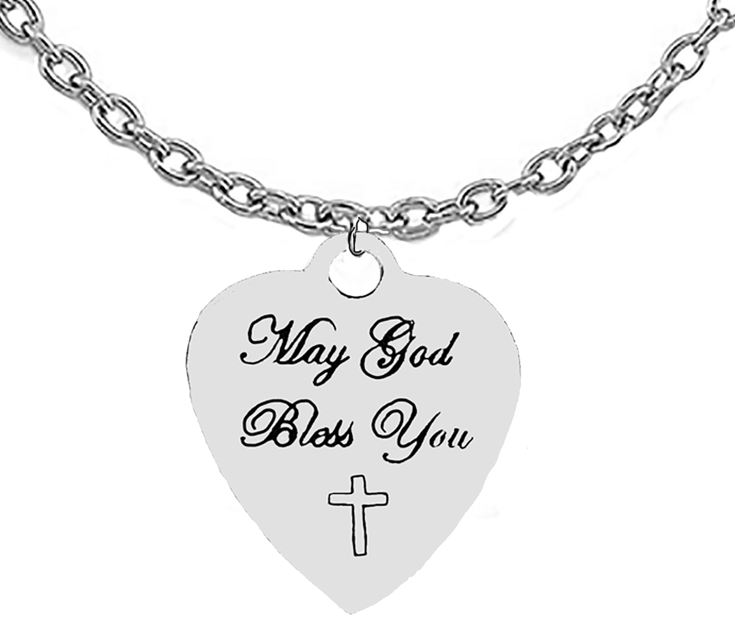 May God Bless You, With A Cross, Engraved Heart Charm, On A Silvertone Cable Chain Necklace. 18-21 Inches. What A Wonderful Gift For Someone Special, And No Sizes To Worry About. Hypoallergenic-Safe,No Nickel,Lead,Or Cadmium In The Metal
