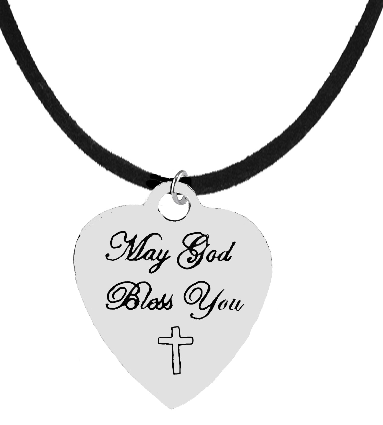 May God Bless You, With A Cross, Engraved Heart Charm, On A  Genuine Black Suede Necklace. 18-21 Inches. What A Wonderful Gift For Someone Special, And No Sizes To Worry About. Hypoallergenic-Safe,No Nickel,Lead,Or Cadmium In The Metal
