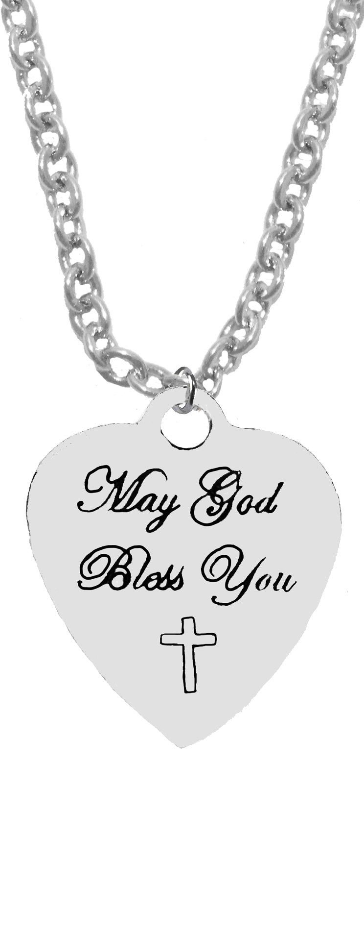Children's, May God Bless You, With A Cross, Engraved Heart Charm, On A Silvertone Cable Chain Necklace. 12-15 Inches. What A Wonderful Gift For Someone Special, And No Sizes To Worry About. Hypoallergenic-Safe,No Nickel,Lead,Or Cadmium In The Metal