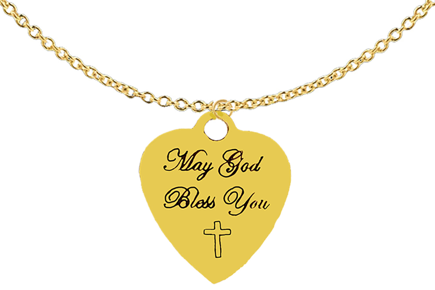 May God Bless You, With A Cross, Engraved On A  Goldtone Heart Charm, On A 14KT Goldtone Cable Chain Necklace. 18-21 Inches. What A Wonderful Gift For Someone Special, And No Sizes To Worry About. Hypoallergenic-Safe,No Nickel,Lead,Or Cadmium In The Metal