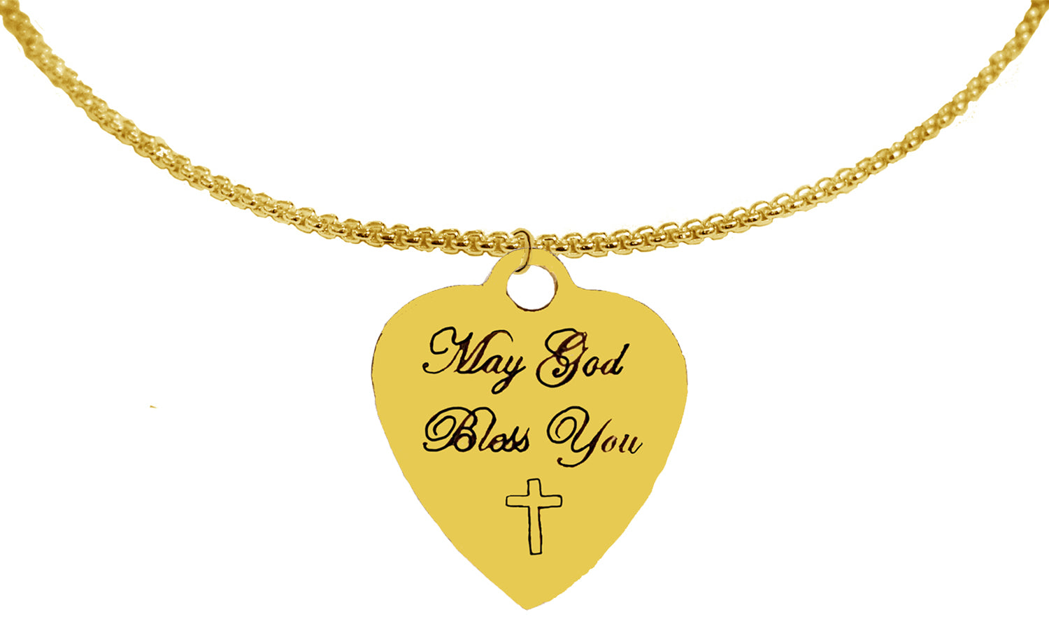 May God Bless You, With A Cross, Engraved On A Goldtone Heart Charm, On A 14KT Goldtone Box Chain Necklace. 18-21 Inches. What A Wonderful Gift For Someone Special, And No Sizes To Worry About. Hypoallergenic-Safe,No Nickel,Lead,Or Cadmium In The Metal