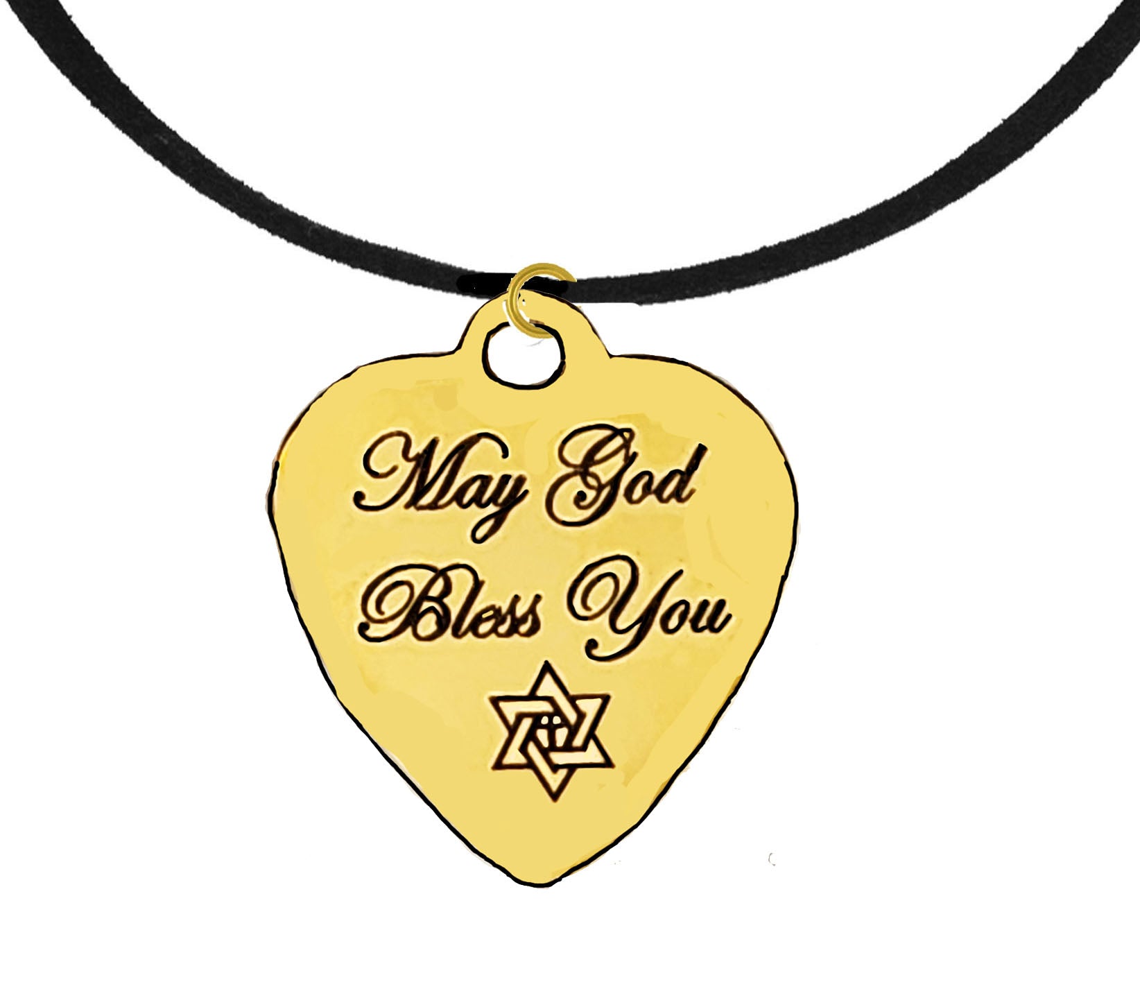 Messianic, May GOD Bless You, Star Of David With A Cross In The Center, 14KT Goldtone Engraved Heart Charm On A Genuine Black Suede Adjustable Necklace. 18 To 21 Inches. What A Wonderful Gift, For Yourself Or Someone Special. Hypoallergenic-Safe. ©2024