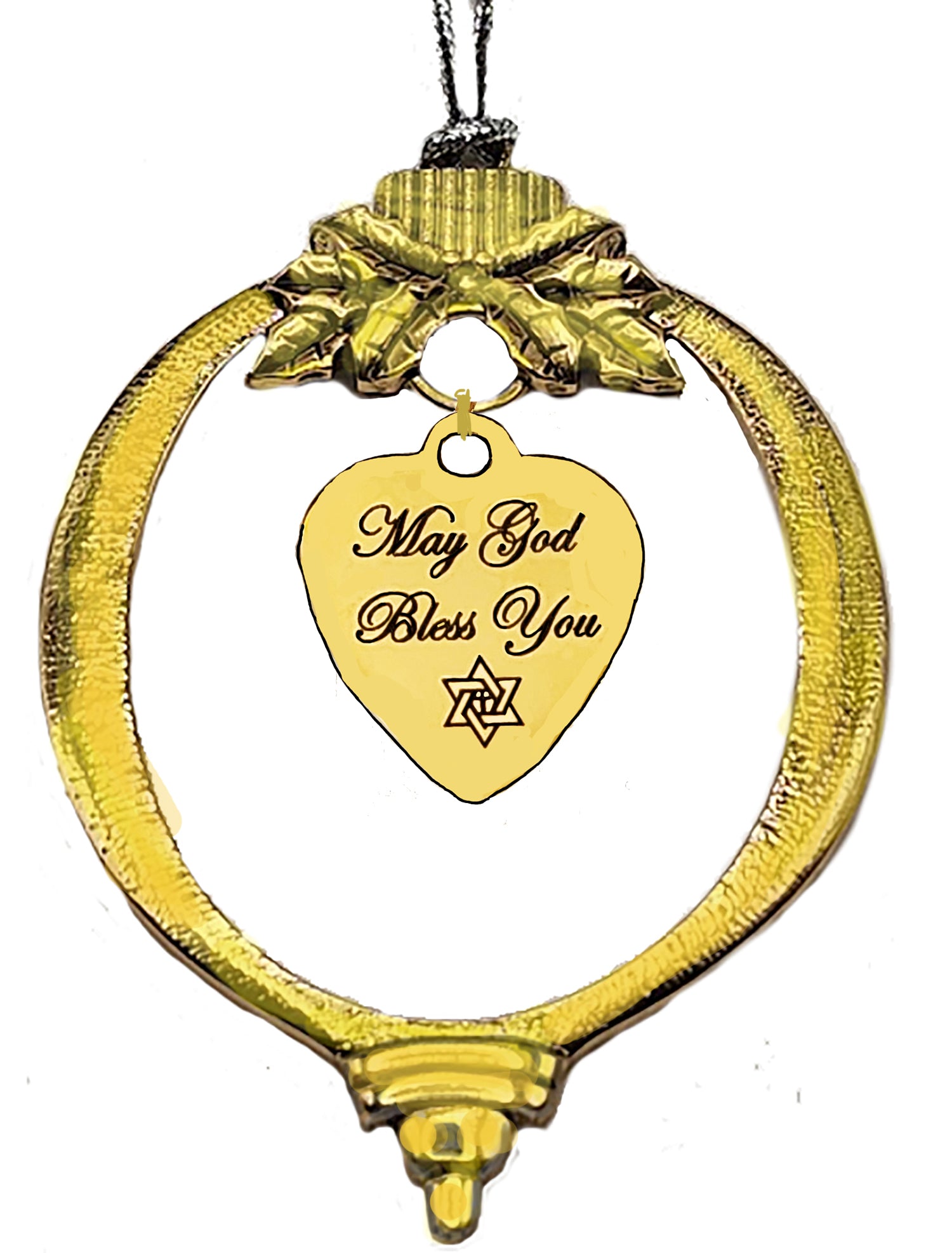 Messianic, May GOD Bless You, 14KT Goldtone Engraved Heart Charm, With A Star Of David With A Cross In The Center. On A 14KT Goldtone Christmas Tree Ornament. With Tree Attachment For Hanging. What A Wonderful Gift, For Yourself Or Someone Special.