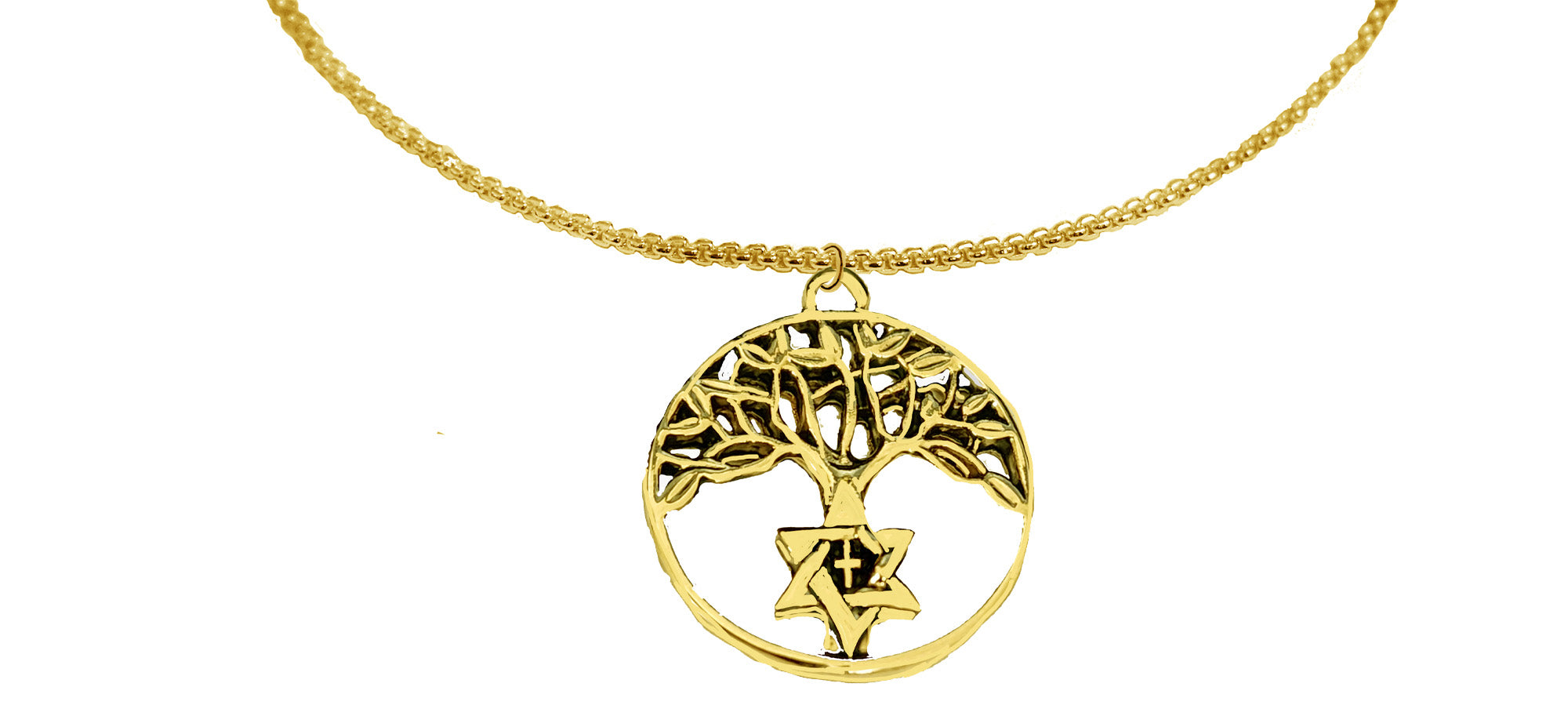 Messianic Tree Of Life On A Adjustable 14KT Goldtone Woven Box Chain Necklace. 18 To 21 Inches. The Tree Of Life With Star Of David With Cross Is Only 3/4ths Of A Inch High, Though It Looks Larger. What A Wonderful Gift For Yourself Or Someone Special