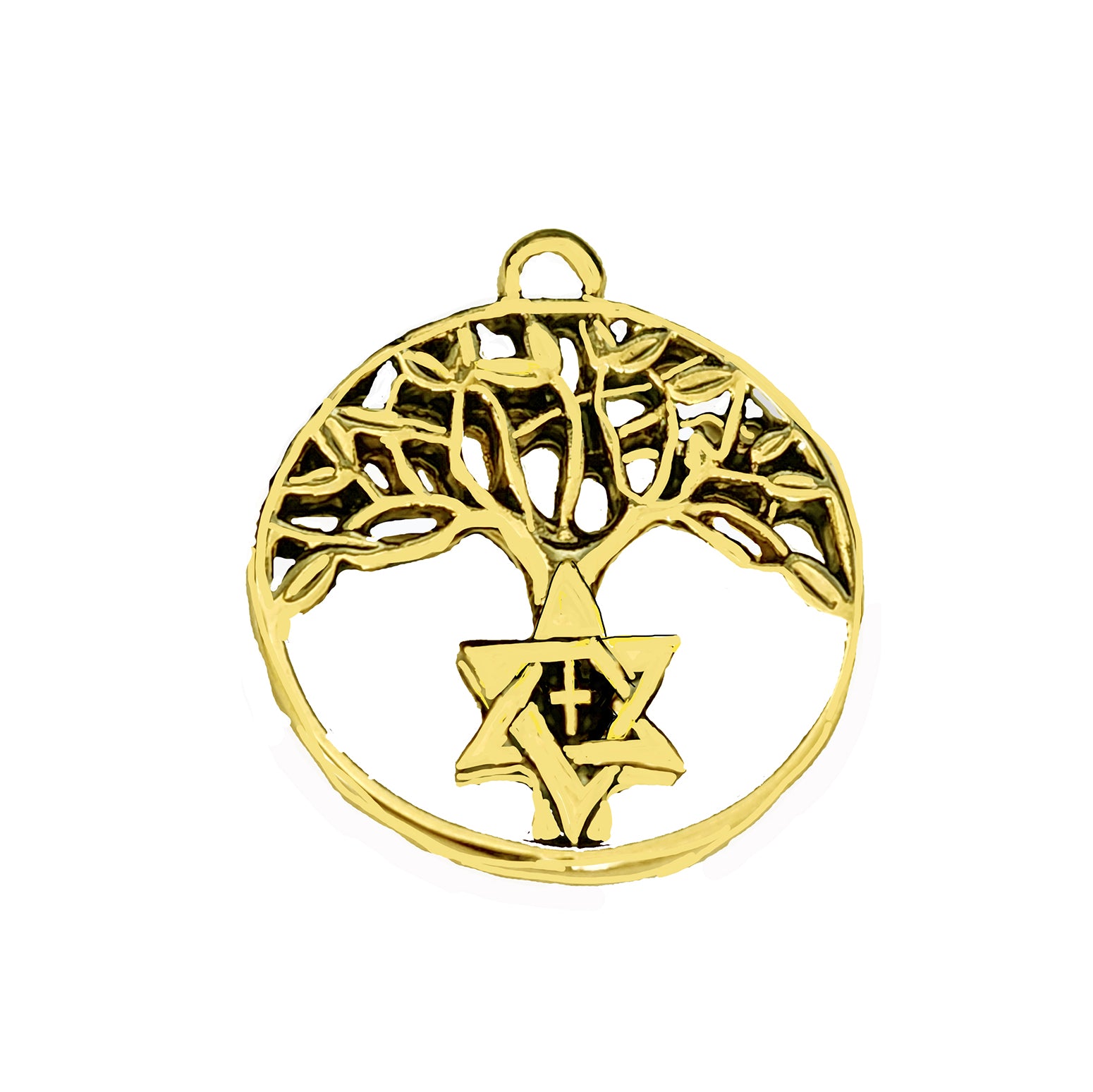 Messianic 14KT Goldtone Antique Star Of David And Cross In A Beautiful Tree Of Life Charm. 3/4 X 3/4 Inch. Hypoallergenic-Safe, No Nickel, Lead, Or Cadmium In The Metal. Comes With Jump Ring Attache. Handmade In The USA By Veterans ©2024