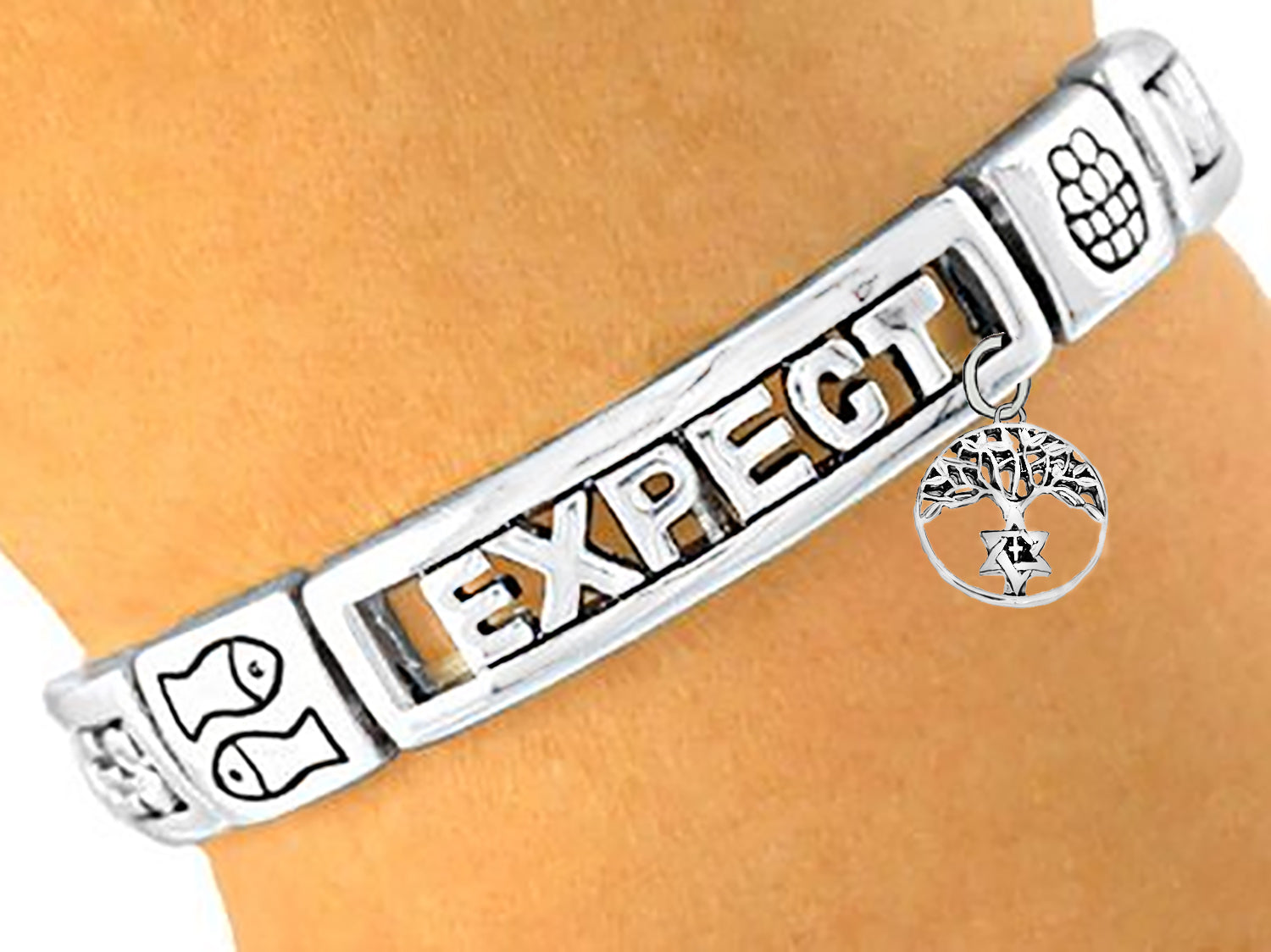 Messianic Tree Of Life, Expect Miracles Stretch Bracelet, Loaves Of Bread, Fish, Silvertone Finish. What A Wonderful Gift For Yourself, Or Someone Special. Many Times This Is Used As A Gift To Someone Who Is Sick, Has Cancer, Lost A Loved One.