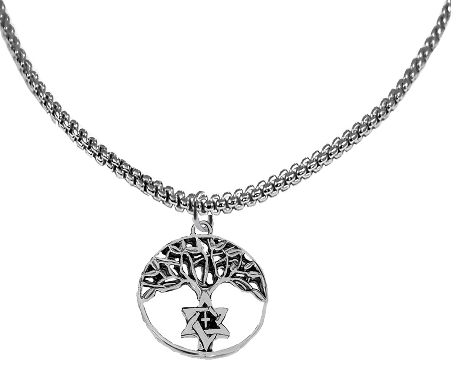 Messianic Tree Of Life On A Adjustable Silvertone Woven Box Chain Necklace. 18 To 21 Inches. The Tree Of Life With Star Of David With Cross Is Only 3/4ths Of A Inch High, Though It Looks Larger. What A Wonderful Gift For Yourself Or Someone Special