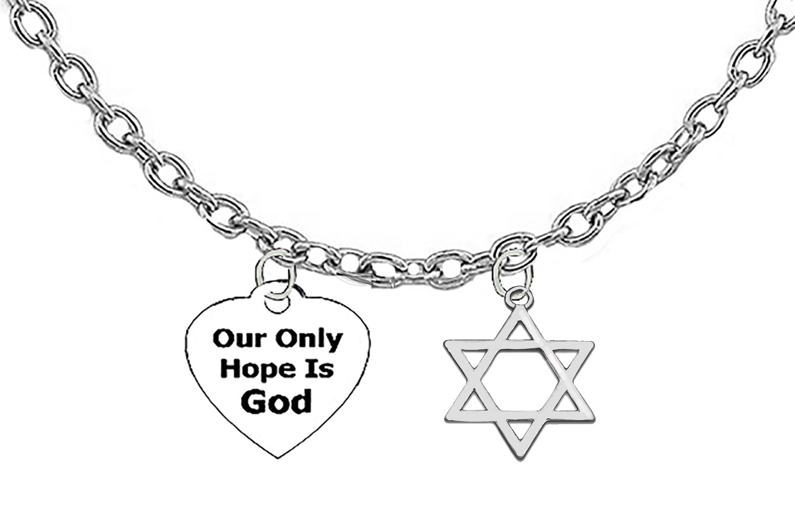 Our Only Hope Is God, Jewish Star Of David On A Adjustable Silvertone Cable Chain Necklace. What A Wonderful Gift For Yourself Or Someone Special. Gift Ready, Comes In A Balck Velvet Bag, Hypoallergenic, No Nickel, Lead, Or Cadmium In The Metal