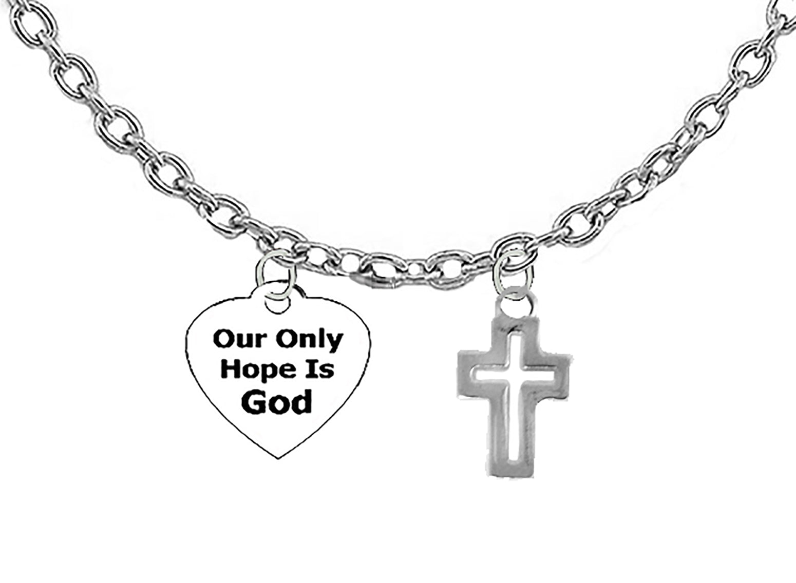 Our Only Hope Is God, Christian Polished Cross On A Adjustable Silvertone Cable Chain Necklace. What A Wonderful Gift For Yourself Or Someone Special. Gift Ready, Comes In A Balck Velvet Bag, Hypoallergenic, No Nickel, Lead, Or Cadmium In The Metal