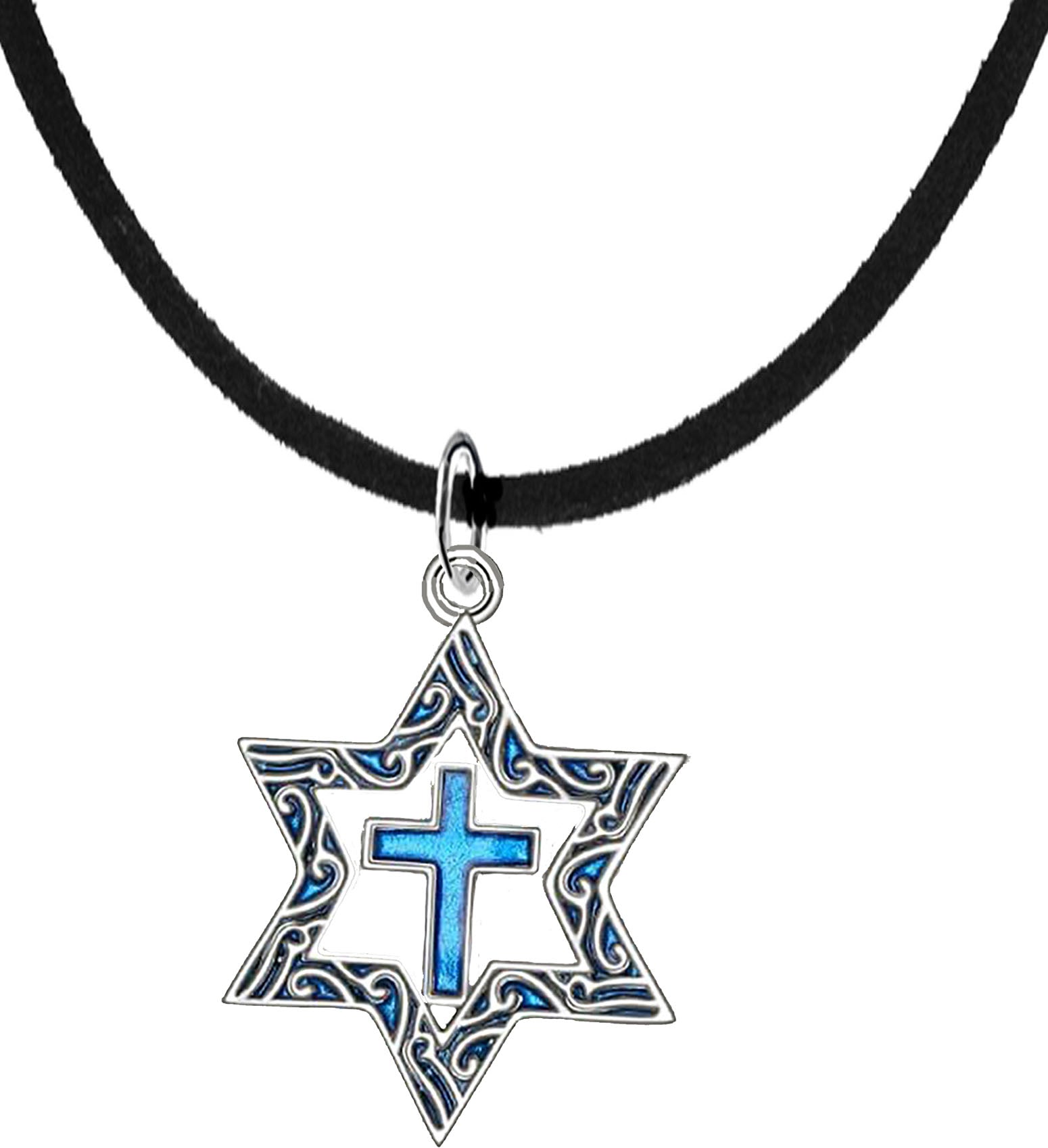 Messianic Silvertone Antique Star Of David With A Turquoise Cross On A Genuine Black Suede Necklace. Will Fit Everyone. What A Wonderful Gift For Yourself, Or Someone Special. Gift Ready Comes In A Small Black Velvet Bag