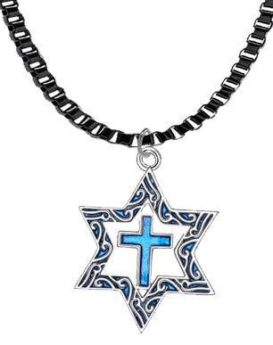 Messianic Silvertone Star Of David With Flecks Of Turquoise In The Antique Star, With A Turquoise Cross On A Anodized Black Box Chain Necklace. What A Great Gift For Yourself Or Someone Special. Gift Ready Comes In A Small Black Velvet Bag.