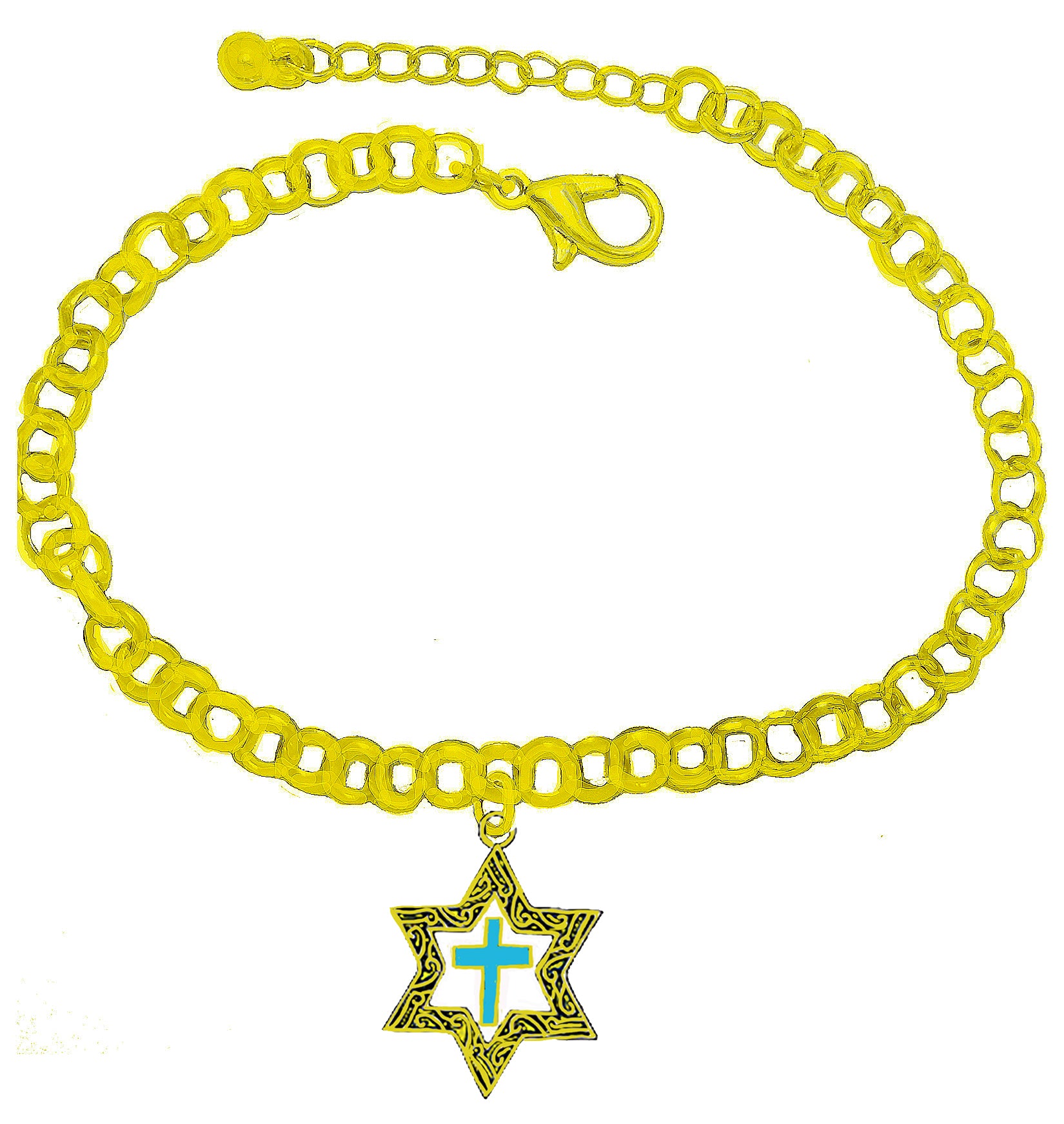 Messianic 14KT Goldtone Antique Star Of David With A Turquoise Cross On A 14KT Goldtone Rolo Chain Bracelet. What A Wonderful Gift For Yourself, Or Someone Special. Gift Ready Comes In A Small Black Velvet Bag