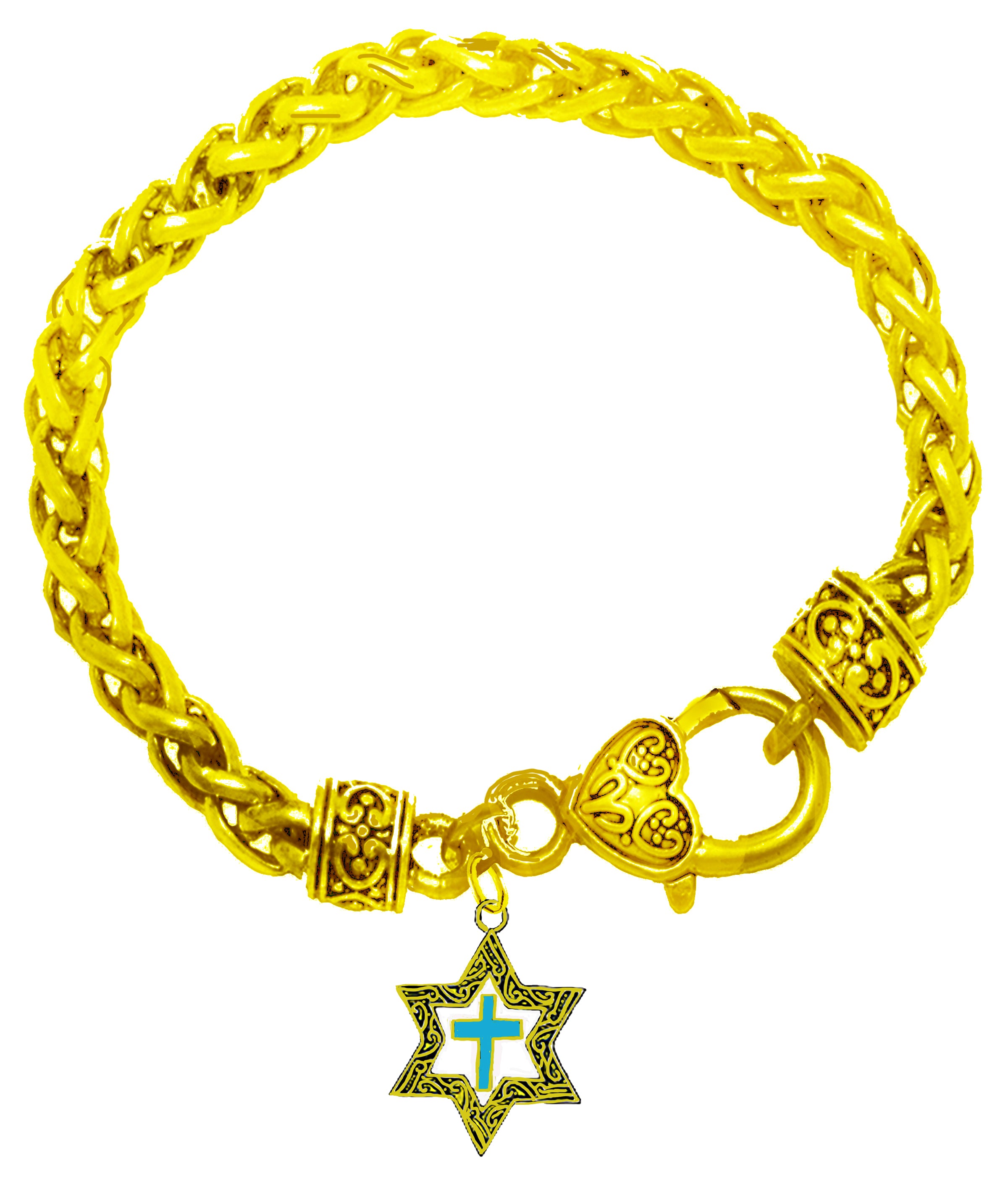 Messianic 14KT Goldtone Antique Star Of David With A Turquoise Cross On A 14KT Goldtone Wheat Chain Bracelet. What A Wonderful Gift For Yourself, Or Someone Special. Gift Ready Comes In A Small Black Velvet Bag.