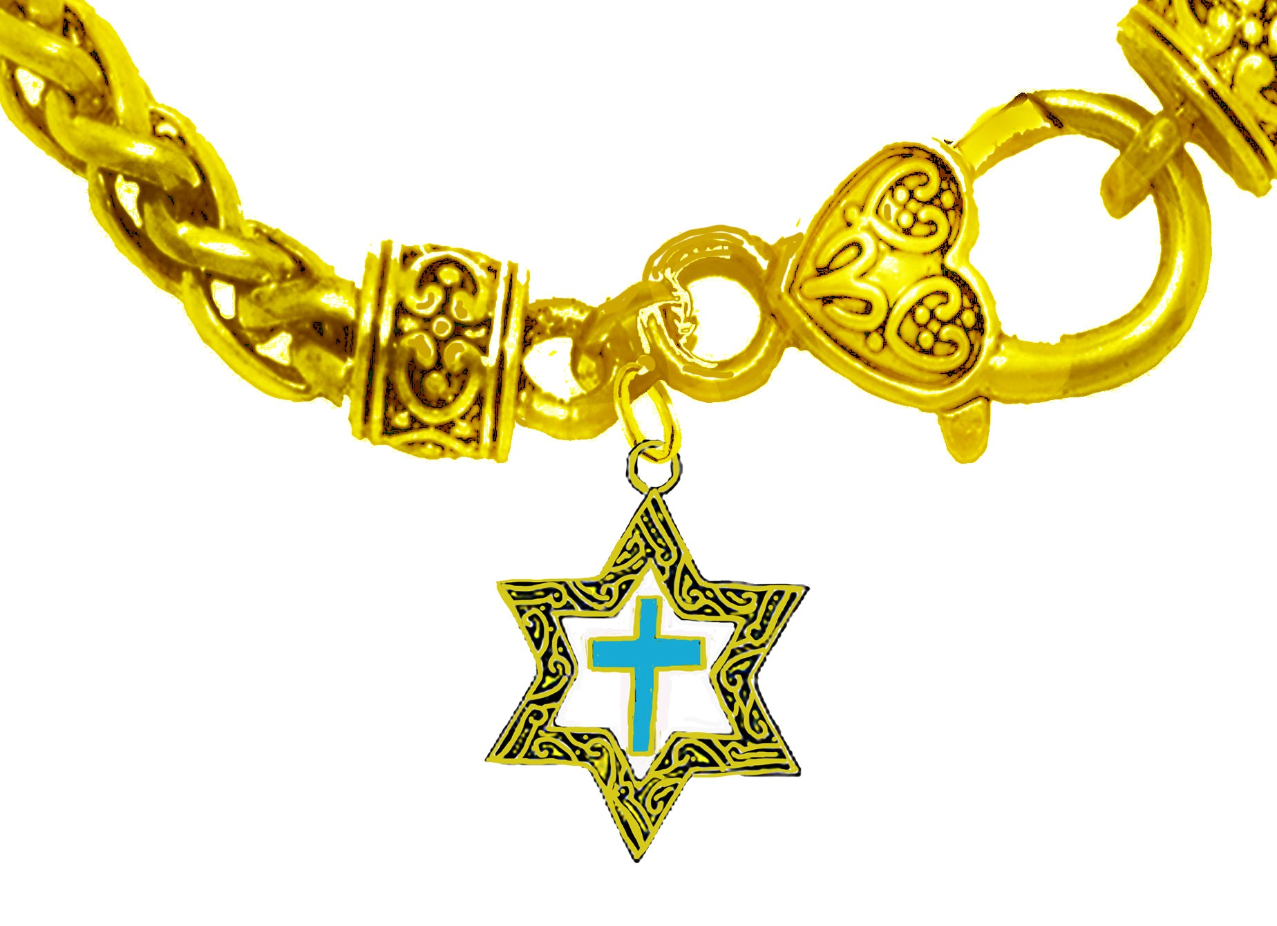 Messianic 14KT Goldtone Antique Star Of David With A Turquoise Cross On A 14KT Goldtone Wheat Chain Bracelet. What A Wonderful Gift For Yourself, Or Someone Special. Gift Ready Comes In A Small Black Velvet Bag.