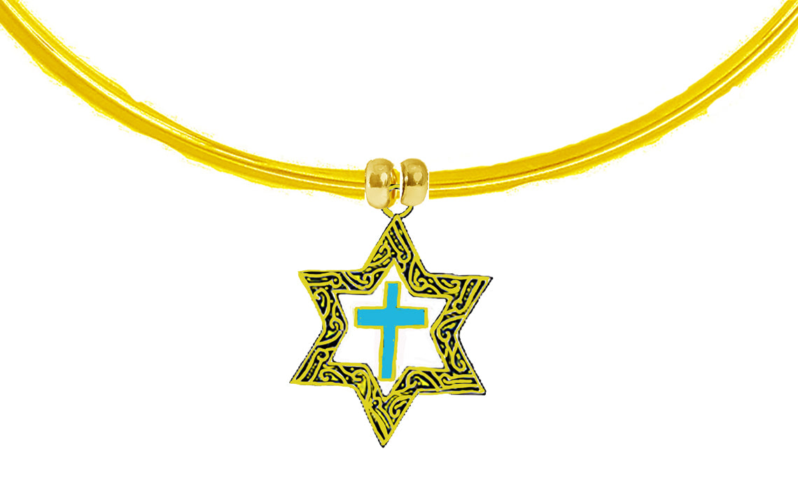 Messianic 14KT Goldtone Antique Star Of David With A Turquoise Cross "Choker" Necklace. Will Fit Everyone. What A Wonderful Gift For Yourself, Or Someone Special. Gift Ready Comes In A Small Black Velvet Bag.