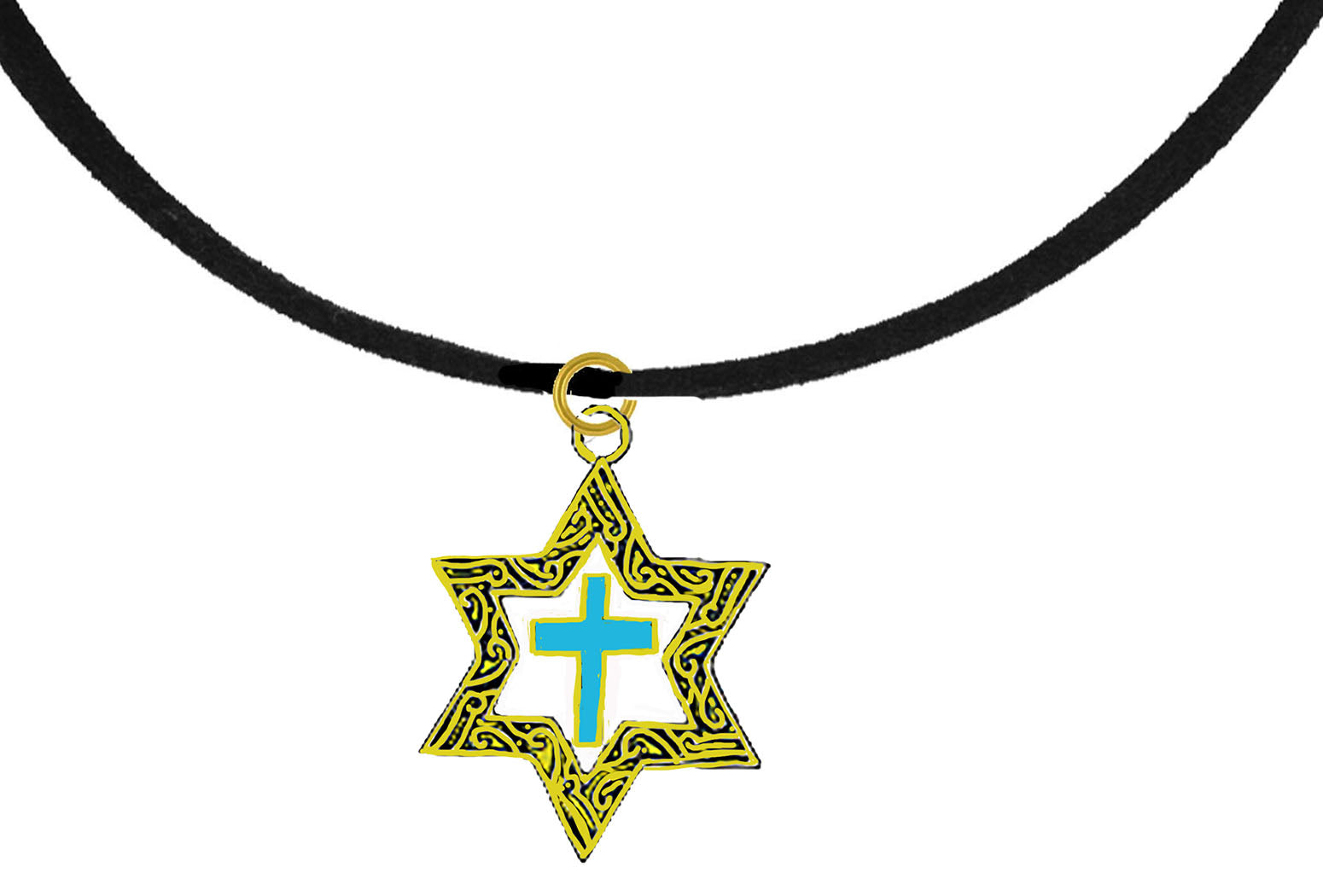 Messianic 14KT Goldtone Antique Star Of David With A Turquoise Cross On A Genuine Black Suede Necklace. Will Fit Everyone. What A Wonderful Gift For Yourself, Or Someone Special. Gift Ready Comes In A Small Black Velvet Bag.