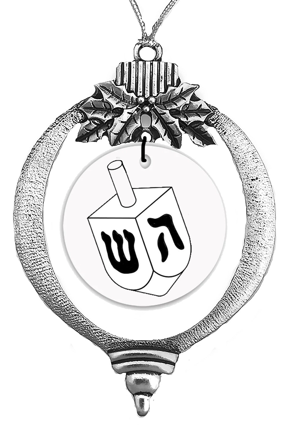 Dreidel Laser Cut, Hanukkah Silvertone Tree Ornament, On A Stainless Steel Disc That Sparkles On The Bush, Ornament Is 3 Inches By 2 Inches Wide. Comes With Silver String Attachment For Easy Hanging. Handmade In The USA By Veterans.©2025