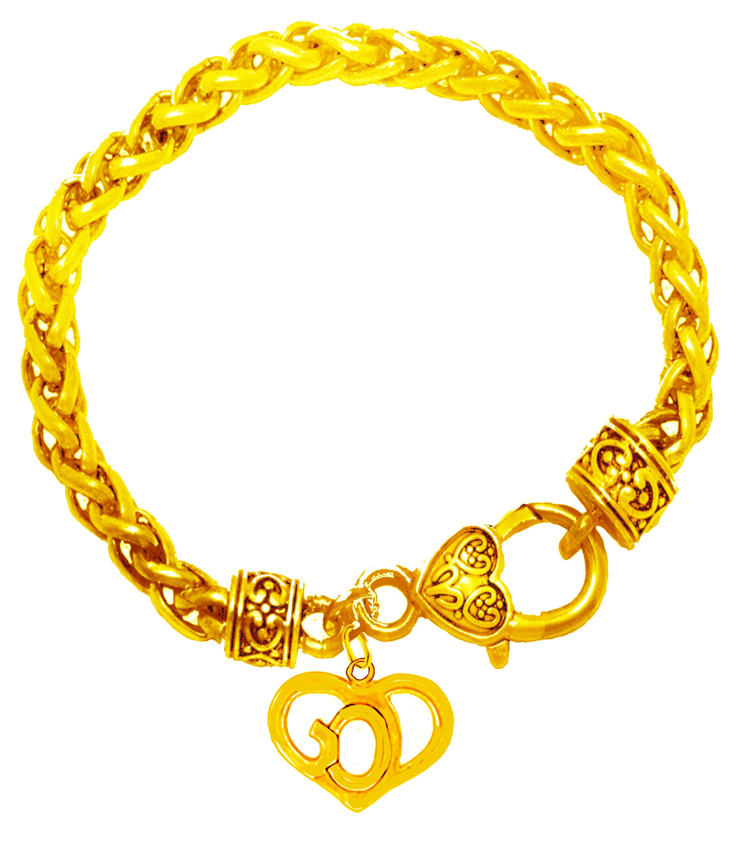 GOD "In Your Heart" On A 14KT Goldtone Antique Wheat Chain Bracelet. What A Great Gift For Yourself Or Someone Special! Hypoallergenic-Safe, No Nickel, Lead, Or Cadmium In The Metal. A Veteran Owned Company. Made In The USA By Veterans.©2024