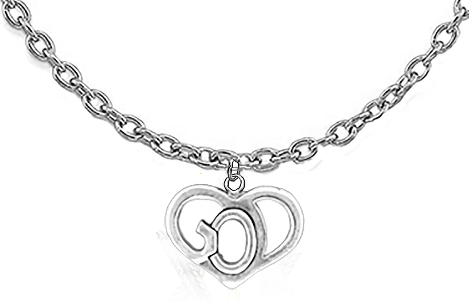 GOD In A Silvertone Heart On A 18 To 21 Inch Adjustable Cable Chain Necklace. What A Great Gift For Yourself Or Someone Special! Hypoallergenic-Safe, No Nickel, Lead, Or Cadmium In The Metal. Veteran Owned Company, Made In The USA By Veterans.©2024