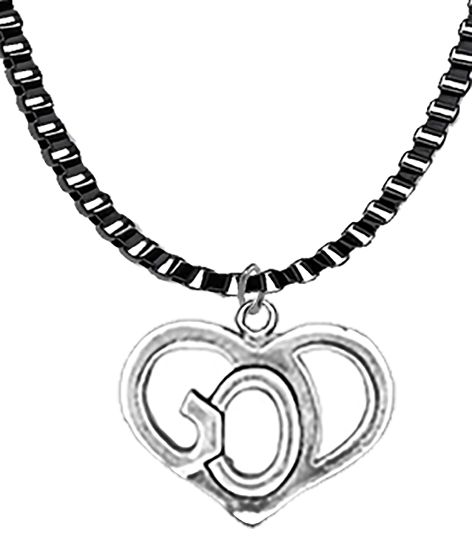 GOD In A Silvertone Heart On A 18 To 21 Inch Adjustable Anodized Black Box Chain Necklace. What A Great Gift For Yourself Or Someone Special! Hypoallergenic-Safe, No Nickel, Lead, Or Cadmium In The Metal. Made In The USA By Veterans.©2024