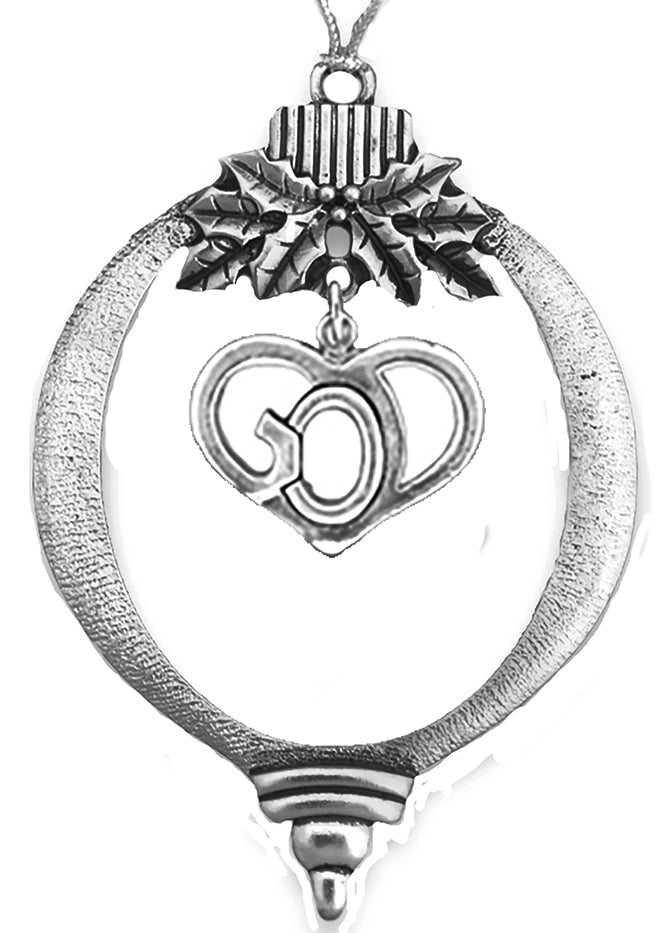 "GOD In A Heart" I Love God. Silvertone Tree Ornament With Tree Attachment For Easy Hanging. What A Great Gift For Yourself Or Someone Special! Handmade In The USA By Veterans. ©2024